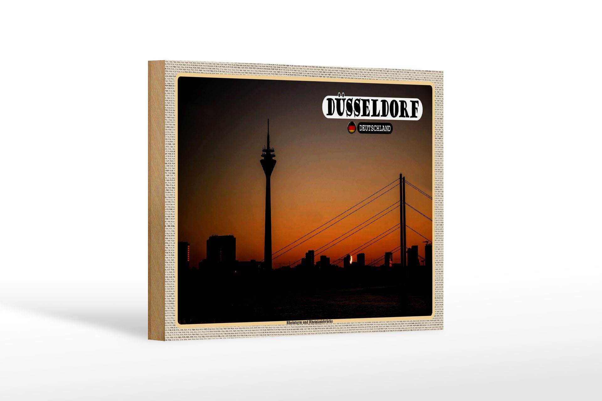 Holzbild Städte Düsseldorf Rheinturm Rheinkniebrücke 18x12 cm
