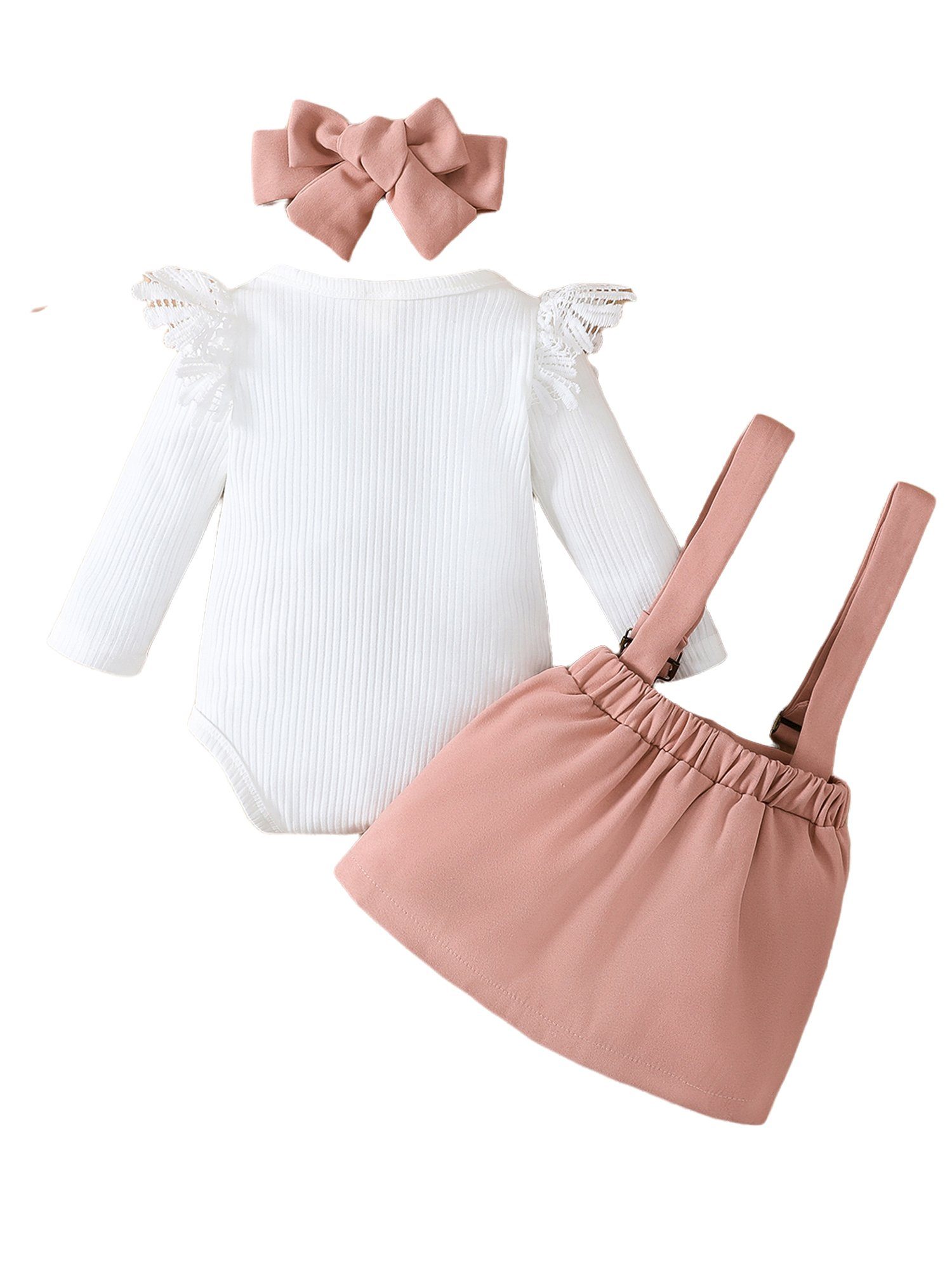 LAPA Shirt, Rock & Spitzeneinsatz + Design, Strampler (3-tlg) einfarbiges Baby Haarband + mit Kontrast Party-Set Haarband Mädchen für Trägerrock