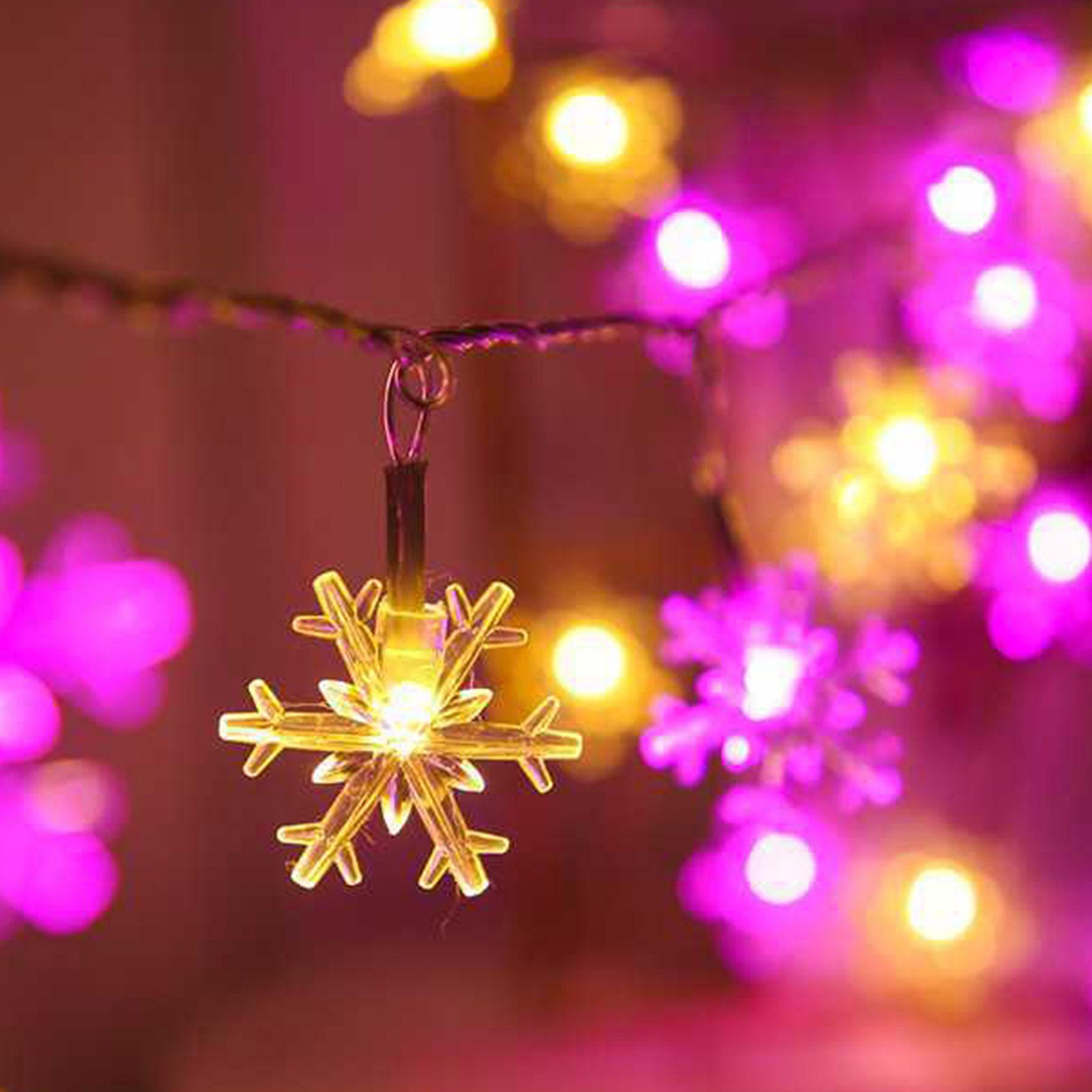 Rosnek LED-Lichterkette Lichtervorhang,Schneeflocke,Batteriebetriebene, Weihnachten Deko Rosa+Warmweiß