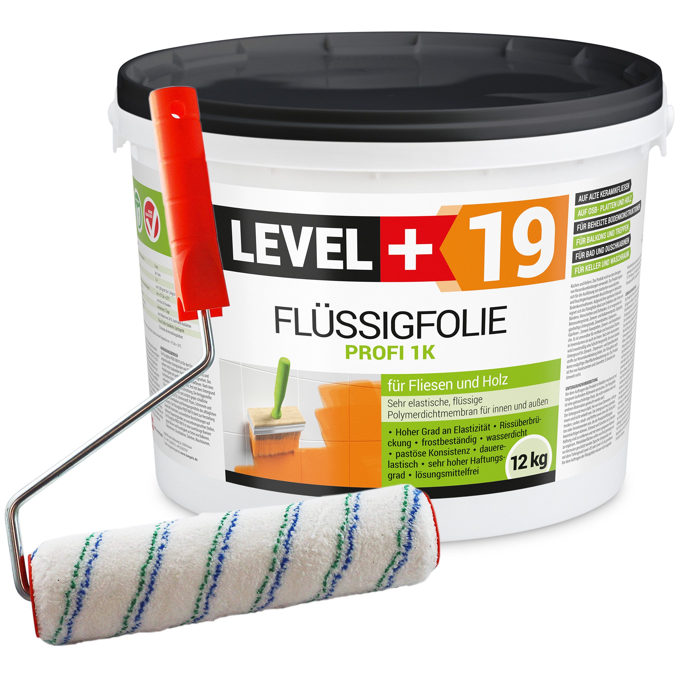 Level+ Dichtstoff Flüssigfolie Dichtfolie Abdichtung Fliesen L+19 - 12KG + Farbroller