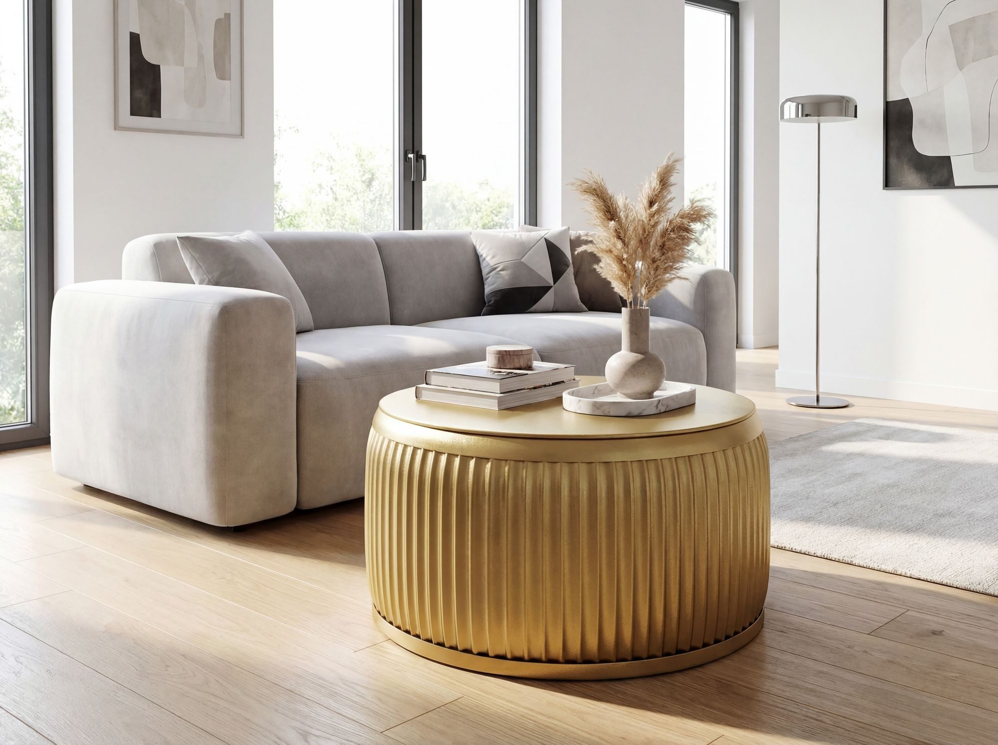 FINEBUY Couchtisch FB76470 Metall Gold Sofatisch 60cm Stauraum Wohnzimmertisch Rund (Extravaganter Tisch mit feiner Rillenoptik), Clevere Tischplatte ist komplett abnehmbar