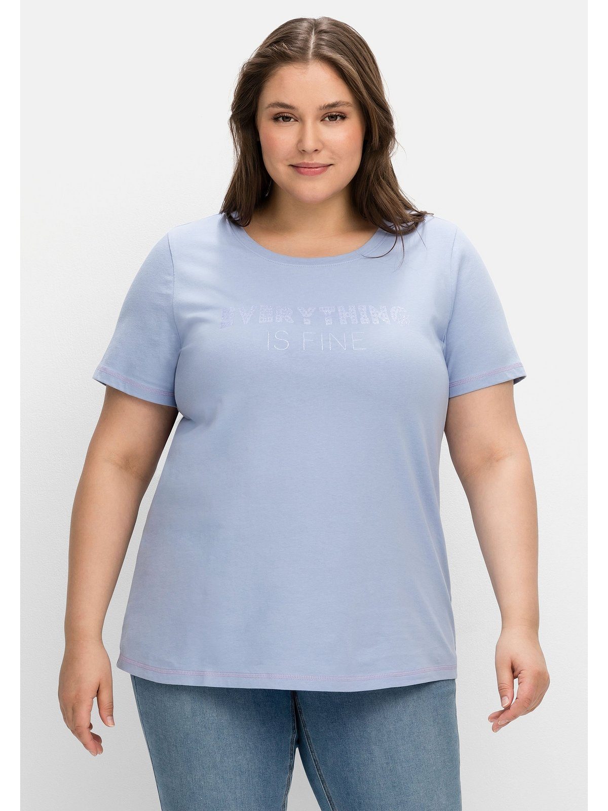 Sheego T-Shirt Große Größen mit Wordingprint, leicht tailliert mittelblau bedruckt | T-Shirts