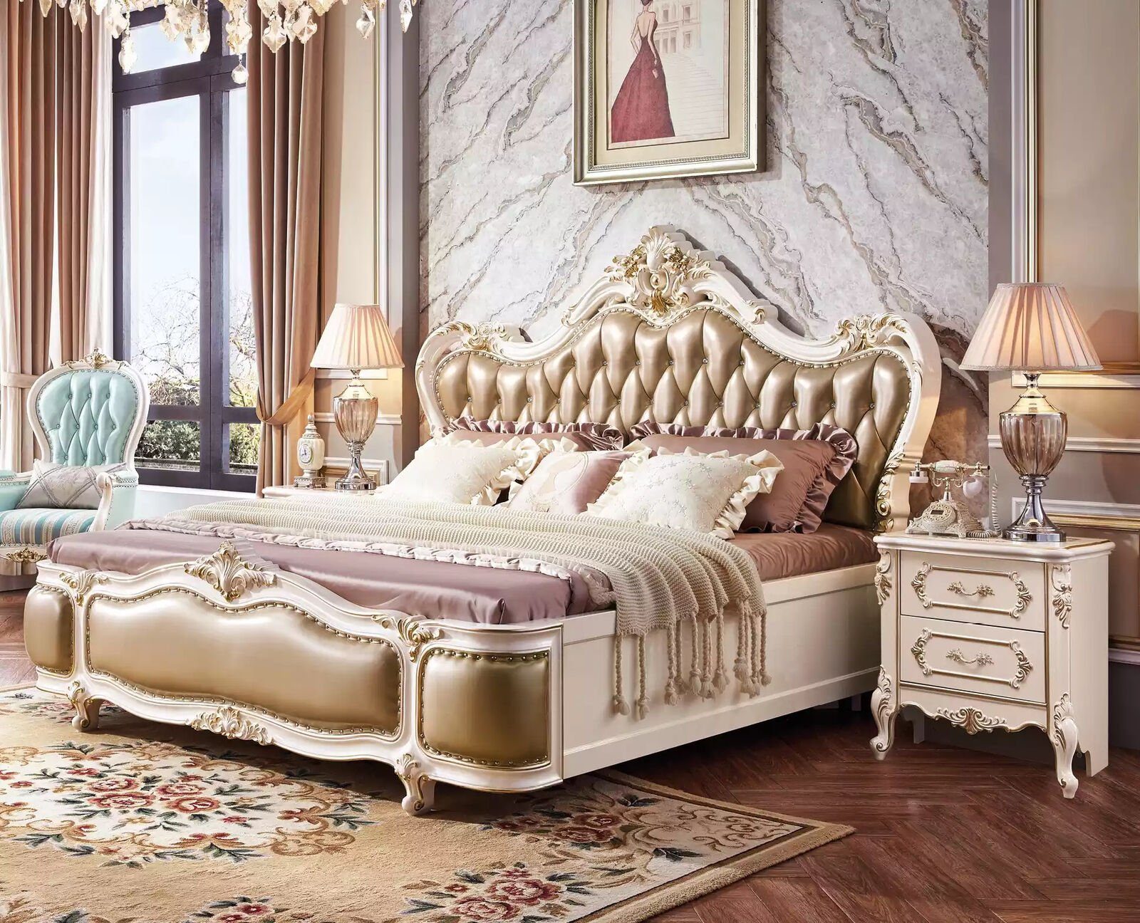JVmoebel Schlafzimmer-Set Klassischer Schlafzimmer Luxus Set 3tlg Bett + 2х Nachttische Neu, (3-St., 1x Bett + 2х Nachttische), Made in Europa