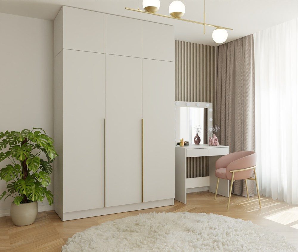 Raumhirsch Furniture Kleiderschrank Garderobenschrank, Drehtürenschrank, Schrank mit viel Stauraum (Maße: 150 x 250 x 56,5 cm (3 Türen, 2 Aufsätze, 11 Fächer) Viel Stauraum, praktische Aufteilung, Glamour-Stil