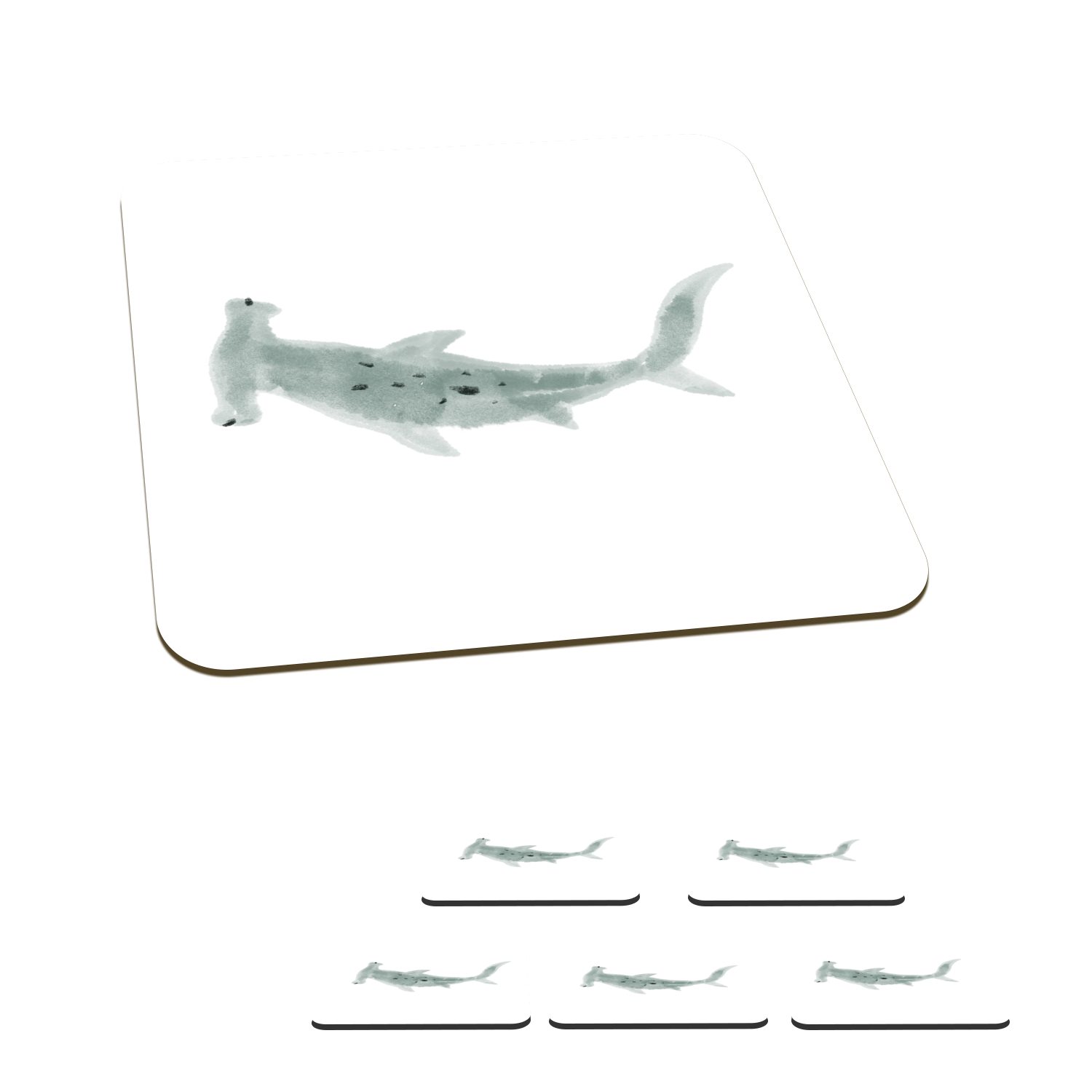 MuchoWow Glasuntersetzer Hai - Fisch - Grau - Aquarell, Zubehör für Gläser, 6-tlg., Glasuntersetzer, Tischuntersetzer, Korkuntersetzer, Untersetzer, Tasse