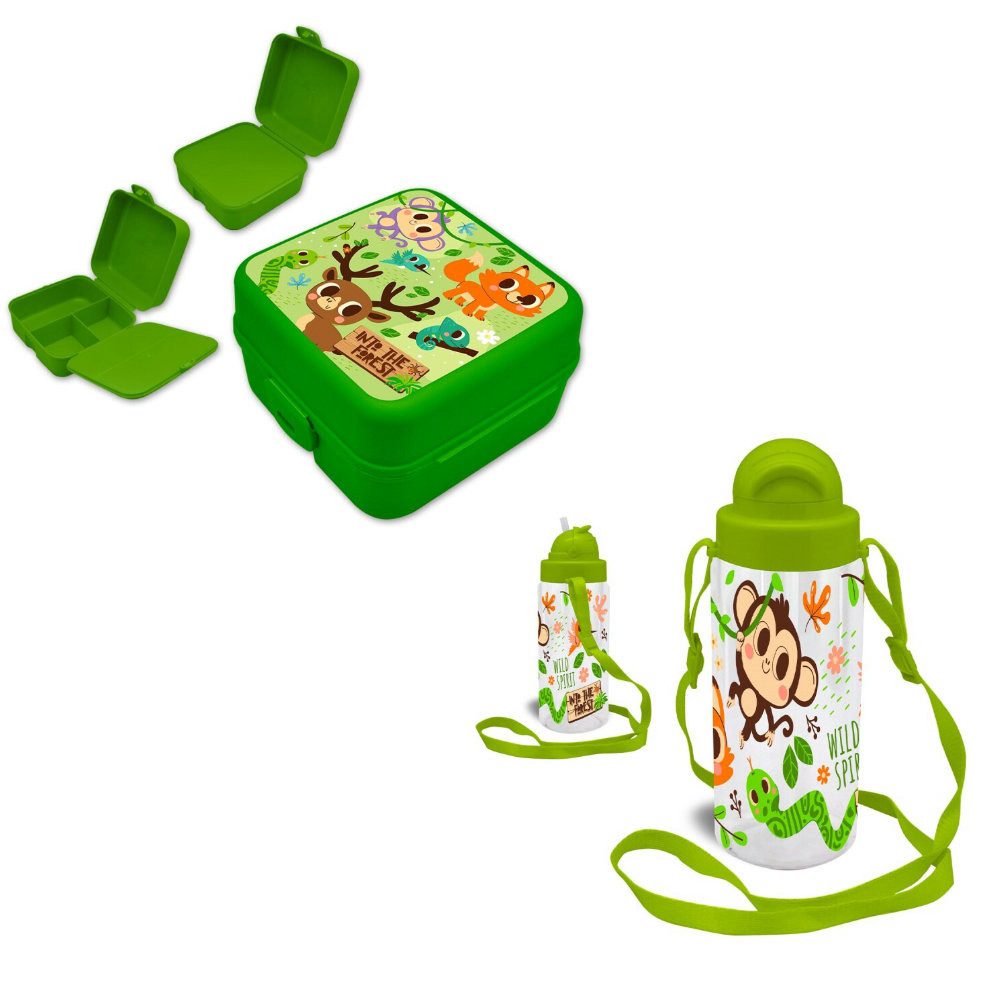Kids Euroswan Lunchbox Waldtiere Affe Reh 2tlg. Kinder Lunch Set Brotdose plus Trinkflasche, Kunststoff, (2-tlg)