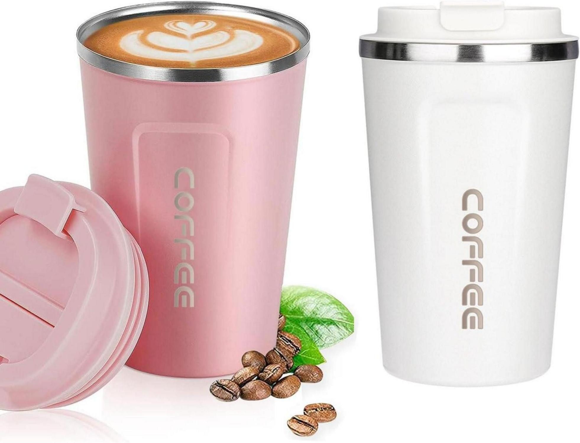 LuxusKollektion Coffee-to-go-Becher Чашки to go Термокружка 380ml 2er Set Weiß Rosa Edelstahl