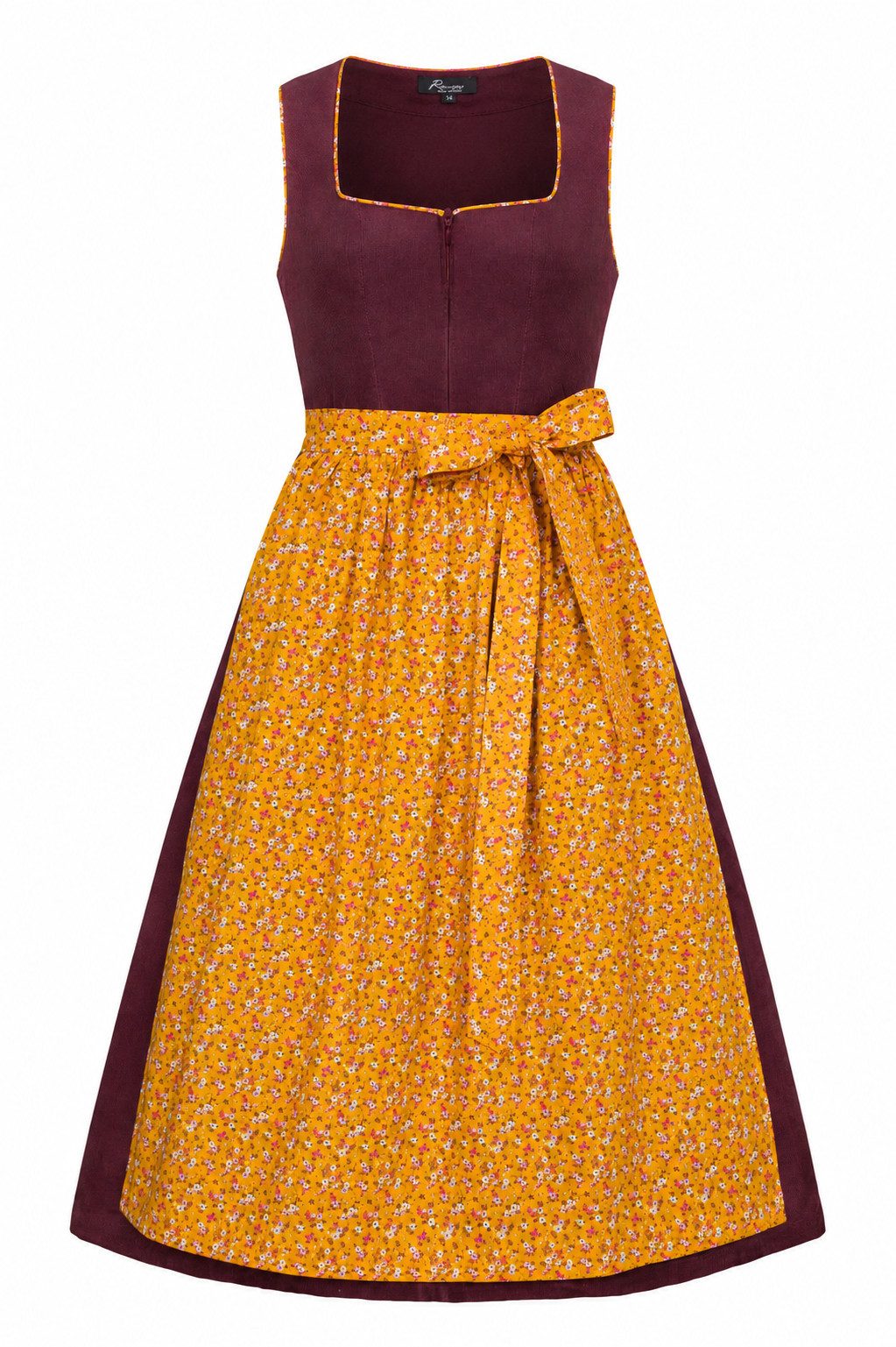 Ramona Lippert Dirndl Corddirndl „Bridget“ Bordeaux mit Blumenschürze – Rocklänge 70 cm