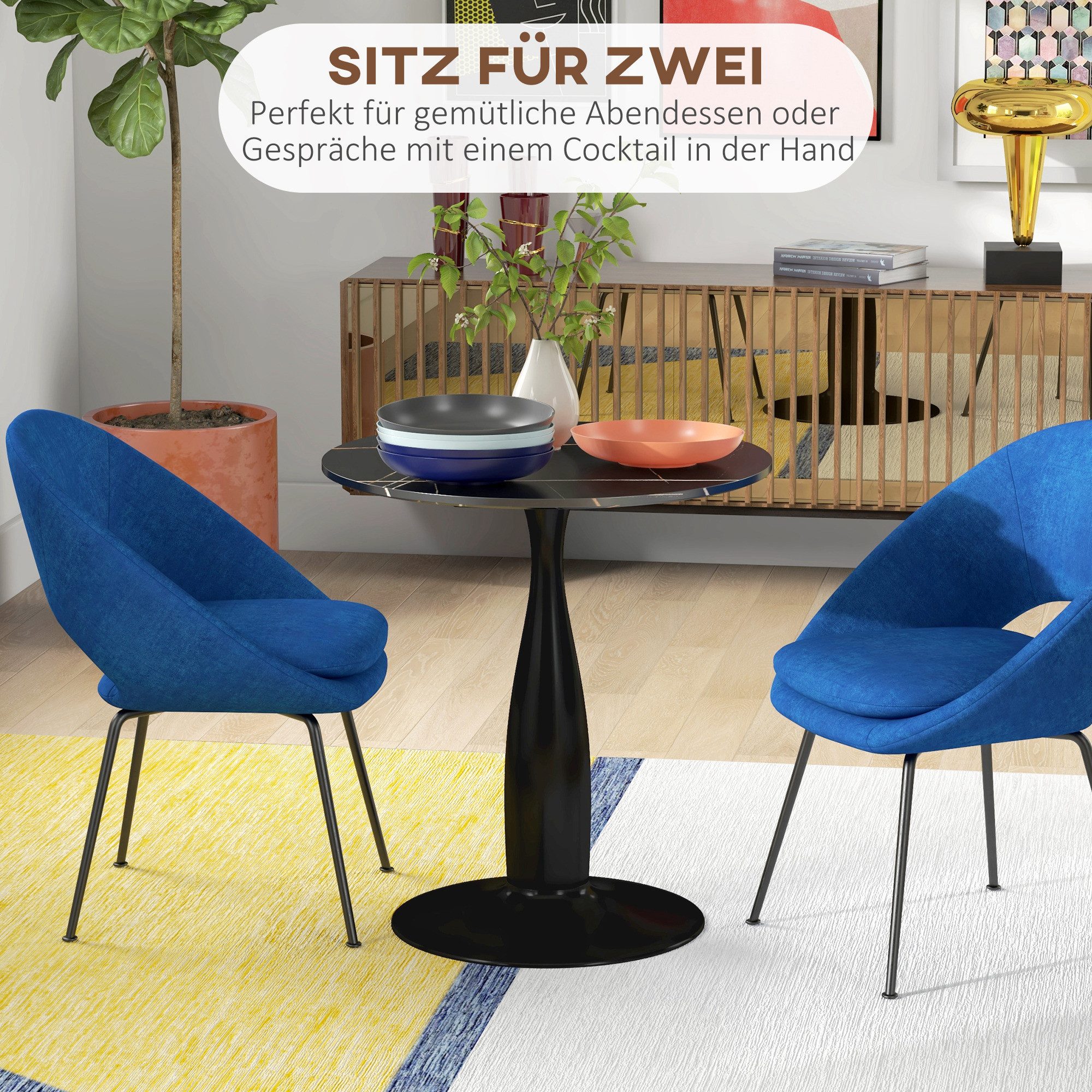 HOMCOM Esstisch Kaffeetisch moderner Tisch mit Mamoroptik, Säule-Bein (Esszimmertisch, 1-St., Küchentisch), für 2 Personen, Ø70 x 74 cm, Schwarz – Bild 4 von 5