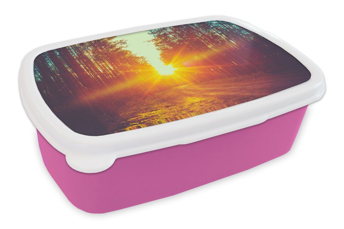MuchoWow Lunchbox Sonnenuntergang - Bäume - Wald - Natur, Kunststoff, (2-tlg), Brotbox für Erwachsene, Brotdose Kinder, Snackbox, Mädchen, Kunststoff rosa