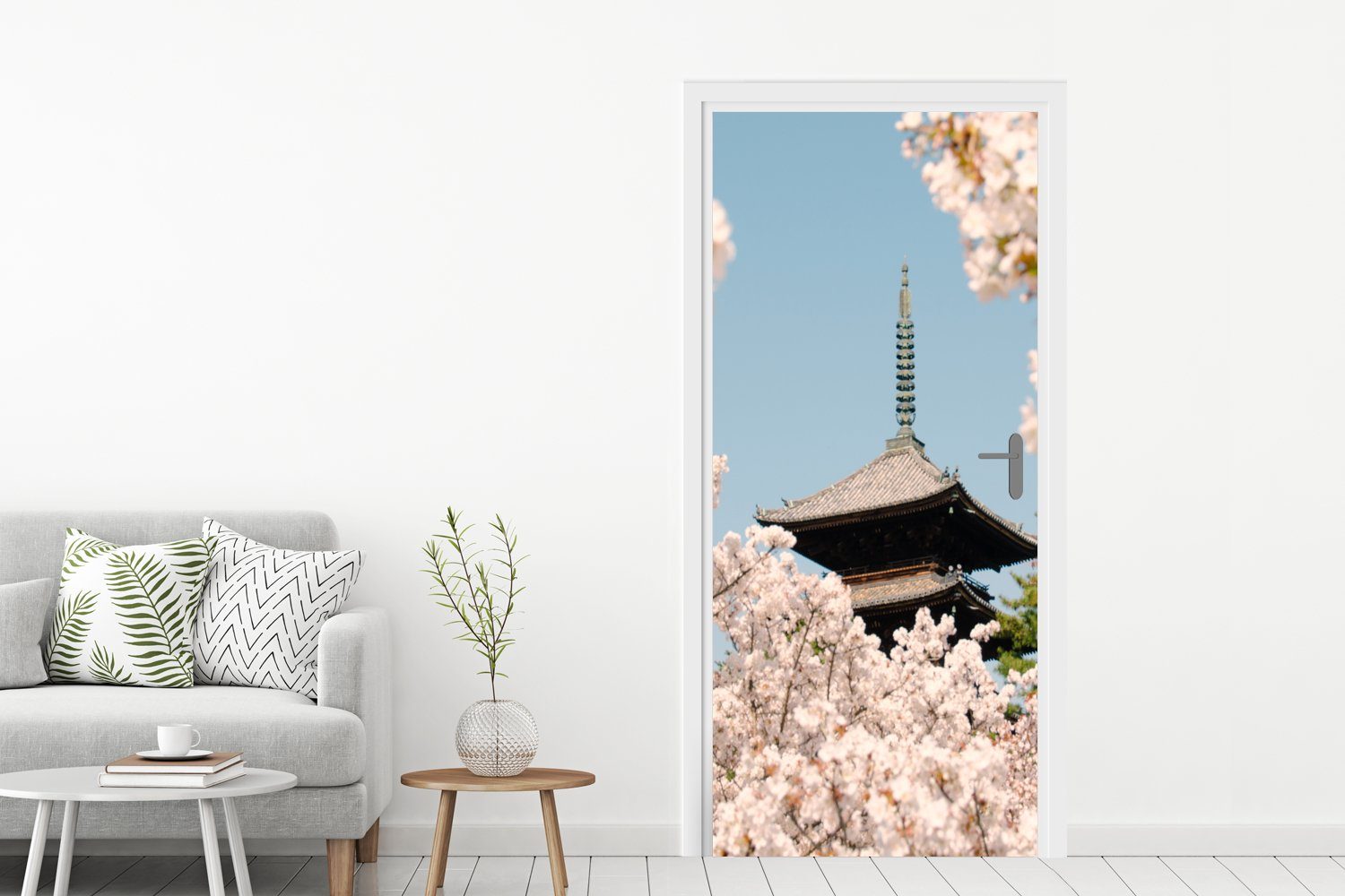 75x205 St), Türtapete für Sakura Blütenbaum Frühling, - - Japan (1 bedruckt, MuchoWow Pagode Matt, cm - Fototapete Tür, Türaufkleber, -