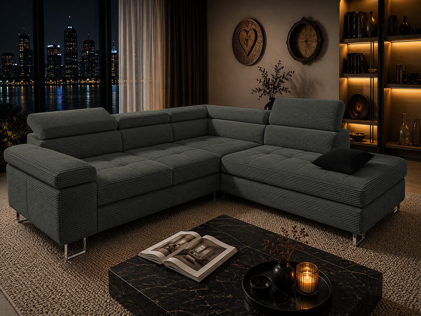Goldstoff Ecksofa mit Schlaffunktion, Cord Couch für Wohnzimmer - Cord Ecksofa, Cord Sofa VOYAGE 2 Teile, Großer Bettkasten