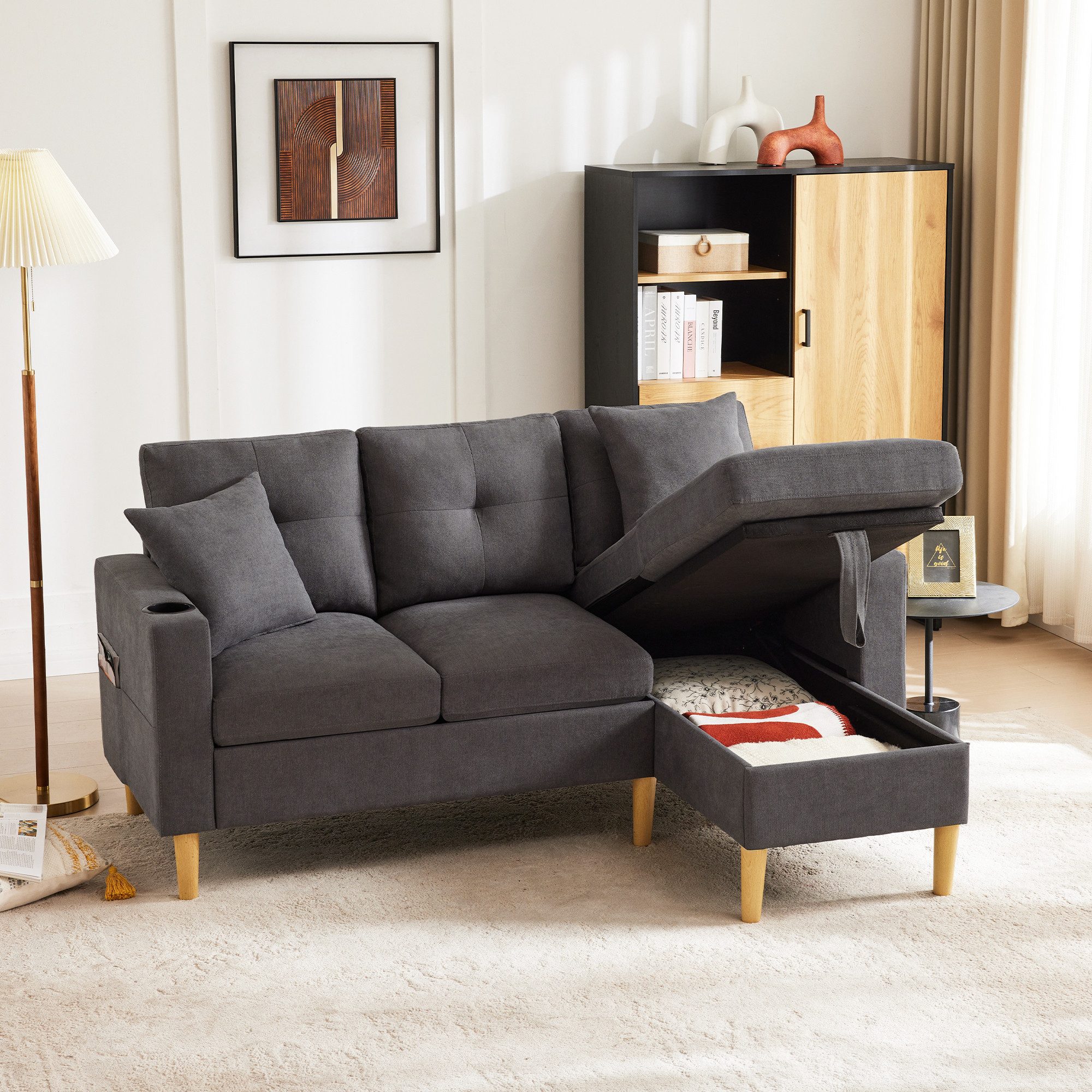 OKWISH Ecksofa L-förmiges 3-Sitzer-Sofa, Freizeitsofa, mit integriertem Getränkehalter, 2 Kissen