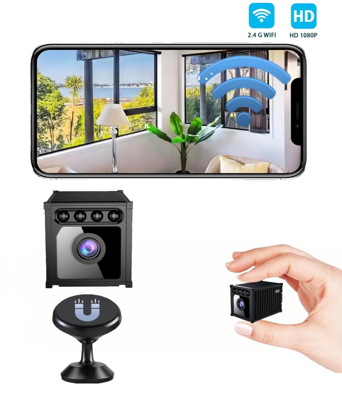 Fyrove Überwachungskamera Mini WLAN Innenkamera, 1080P Full HD, 150° Weitwinkel, Nachtsicht, (Bewegungserkennung, App-Steuerung, 800-mAh-Akku, Magnethalterung, microSD/Cloud)
