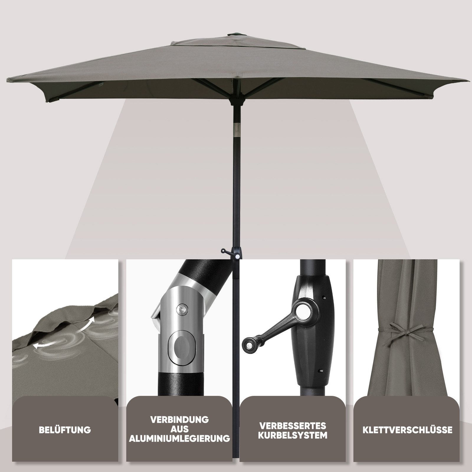 Sekey Sonnenschirm 210 x 140 cm Aluminum Sonnenschirm Rechteckig Marktschirm mit Kurbel, LxB: 210,00x140,00 cm, mit/ohne LED-Lichtern, Sonnenschutz UV50+, Garte – Bild 5 von 5