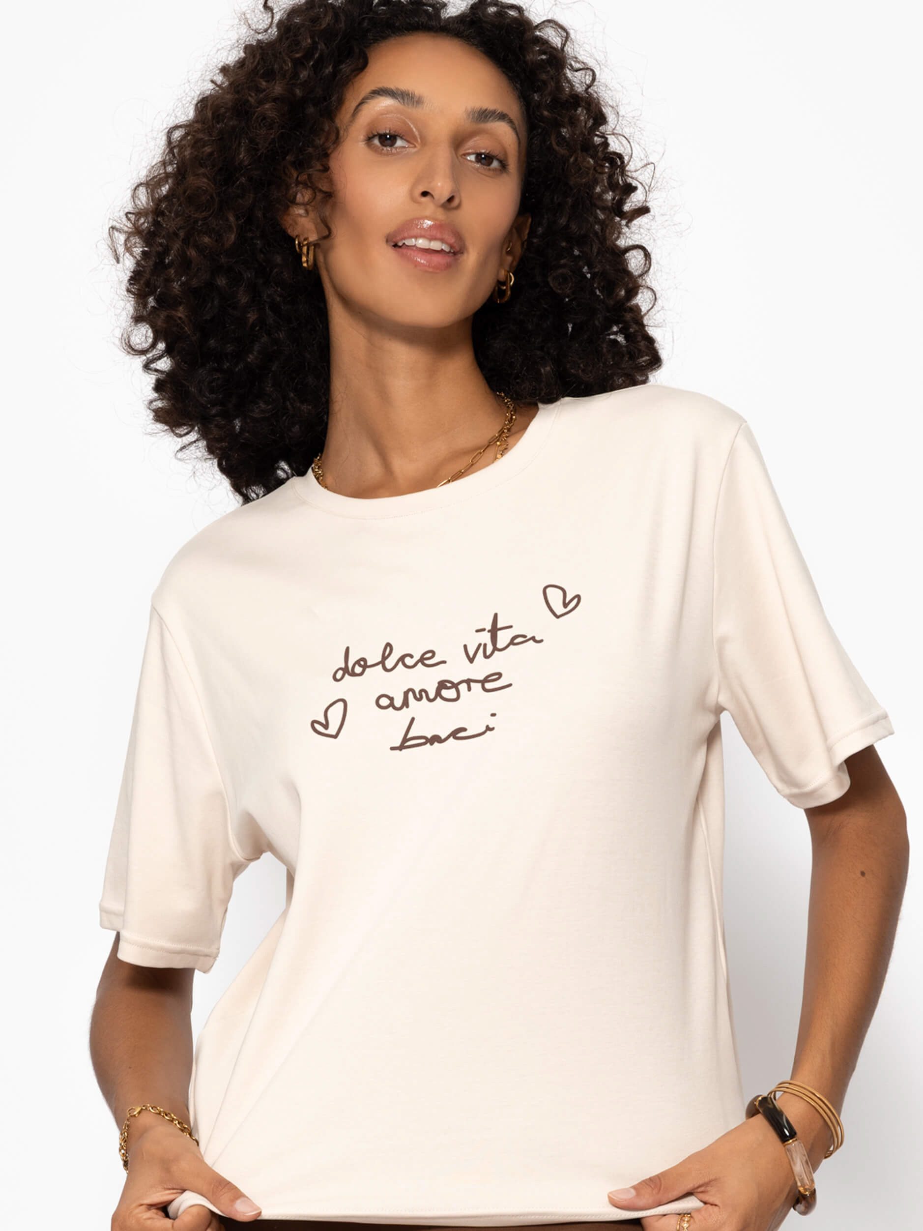 SASSYCLASSY T-Shirt T-Shirt mit LA DOLCE VITA Print Damen Legeres T-Shirt mit Rundhalsausschnitt aus Baumwolle weiß