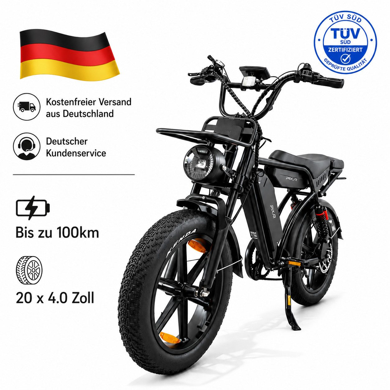 E-Bike PIXAR E-Bike Fatbike 20 Zoll, 250 W, Dual-Akku 48 V 35 Ah, 7-Gang