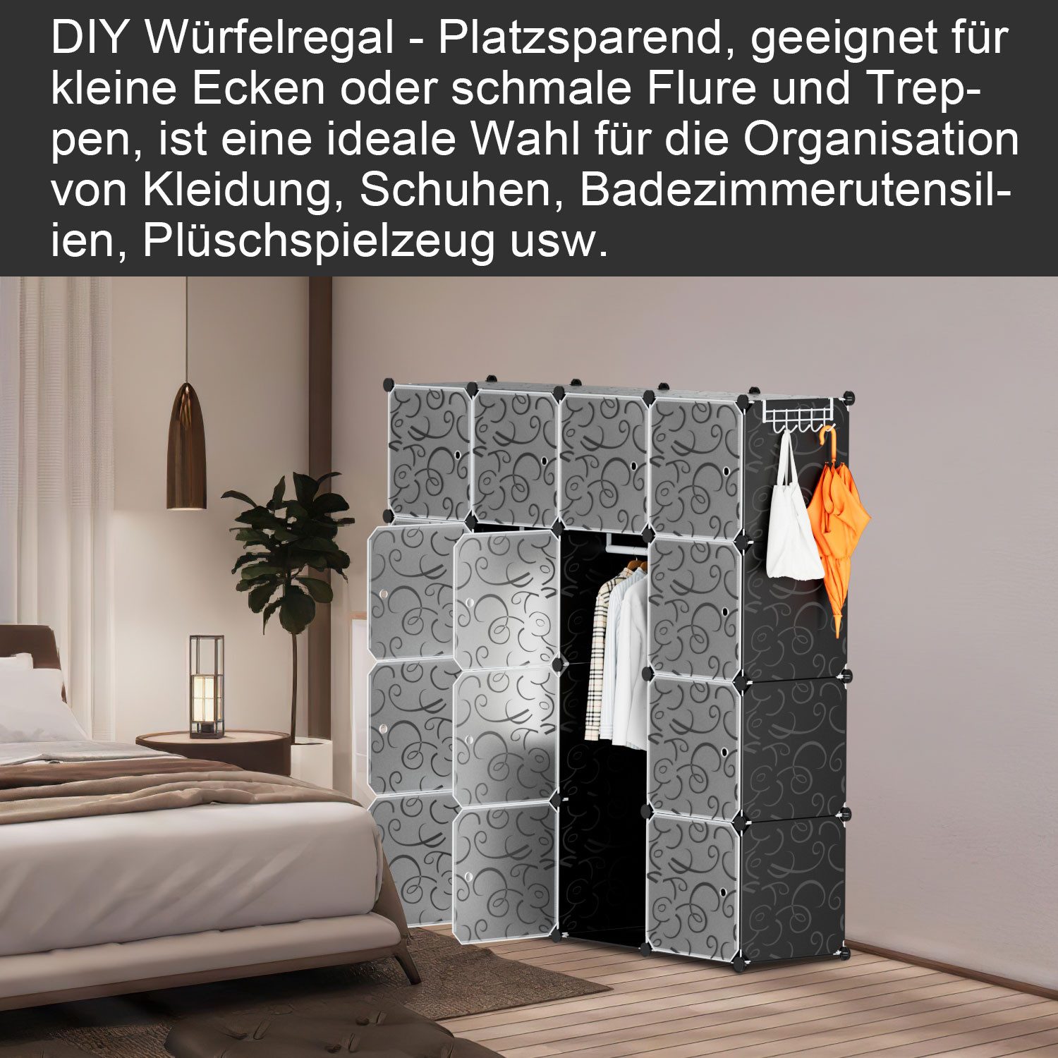 Clanmacy Kleiderschrank DIY 12/16/20 Würfel Kombischrank Stecksystem Steckregal Regalsystem (DIY-Regalsystem, 12/16/20 Fächer verfügbar) Mit Türen, Stapelbar