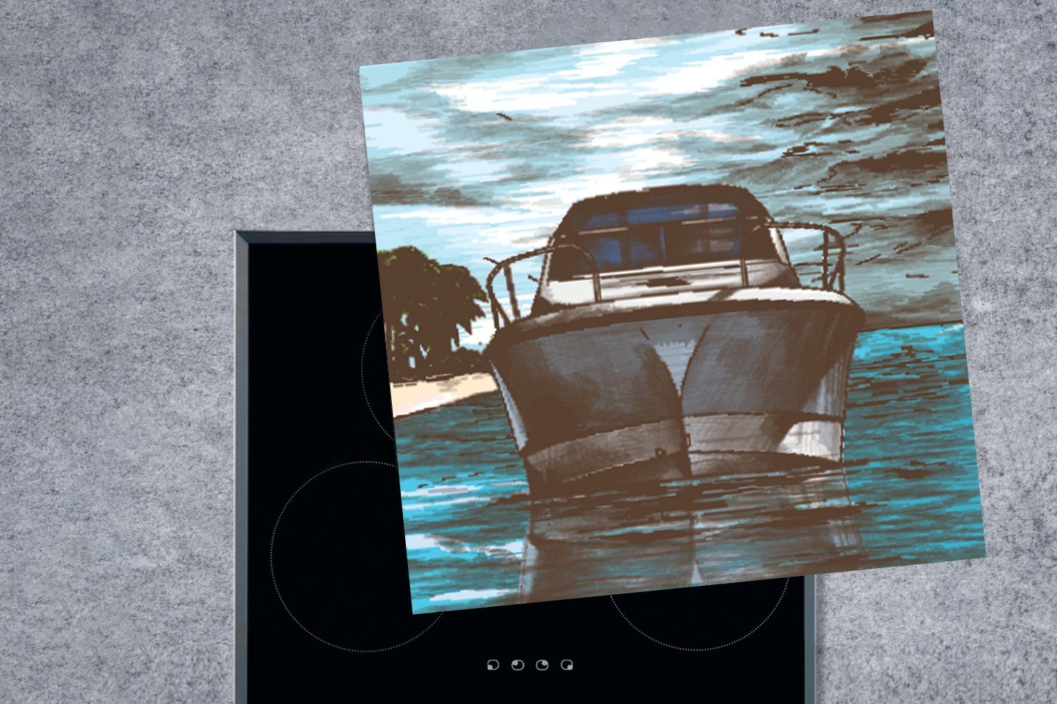 Boot MuchoWow Farben, Meer tlg), Arbeitsplatte für 78x78 küche - (1 Herdblende-/Abdeckplatte Vinyl, - Ceranfeldabdeckung, cm,