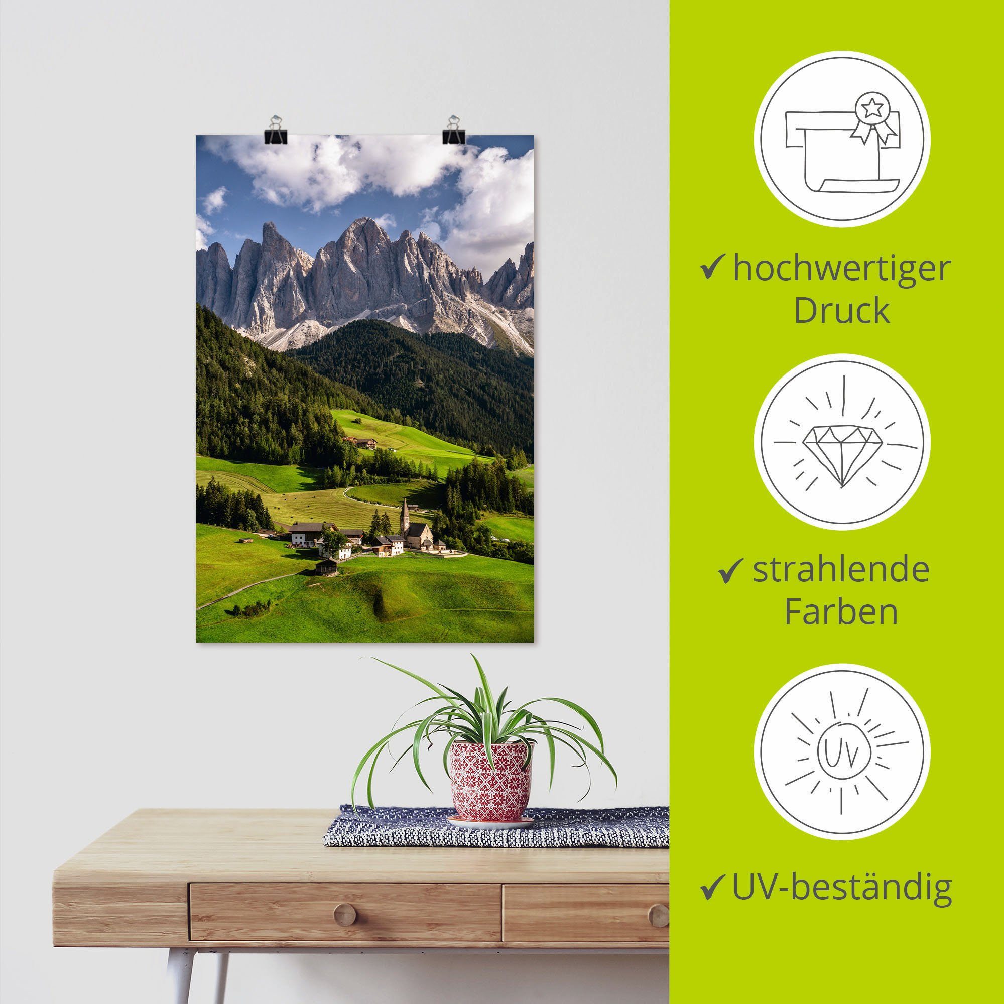 Südtirol als Wandbild Dolomiten, Sommer Poster Artland Alubild, oder St), Leinwandbild, den & in in in (1 Alpenbilder Berge Größen versch. Wandaufkleber