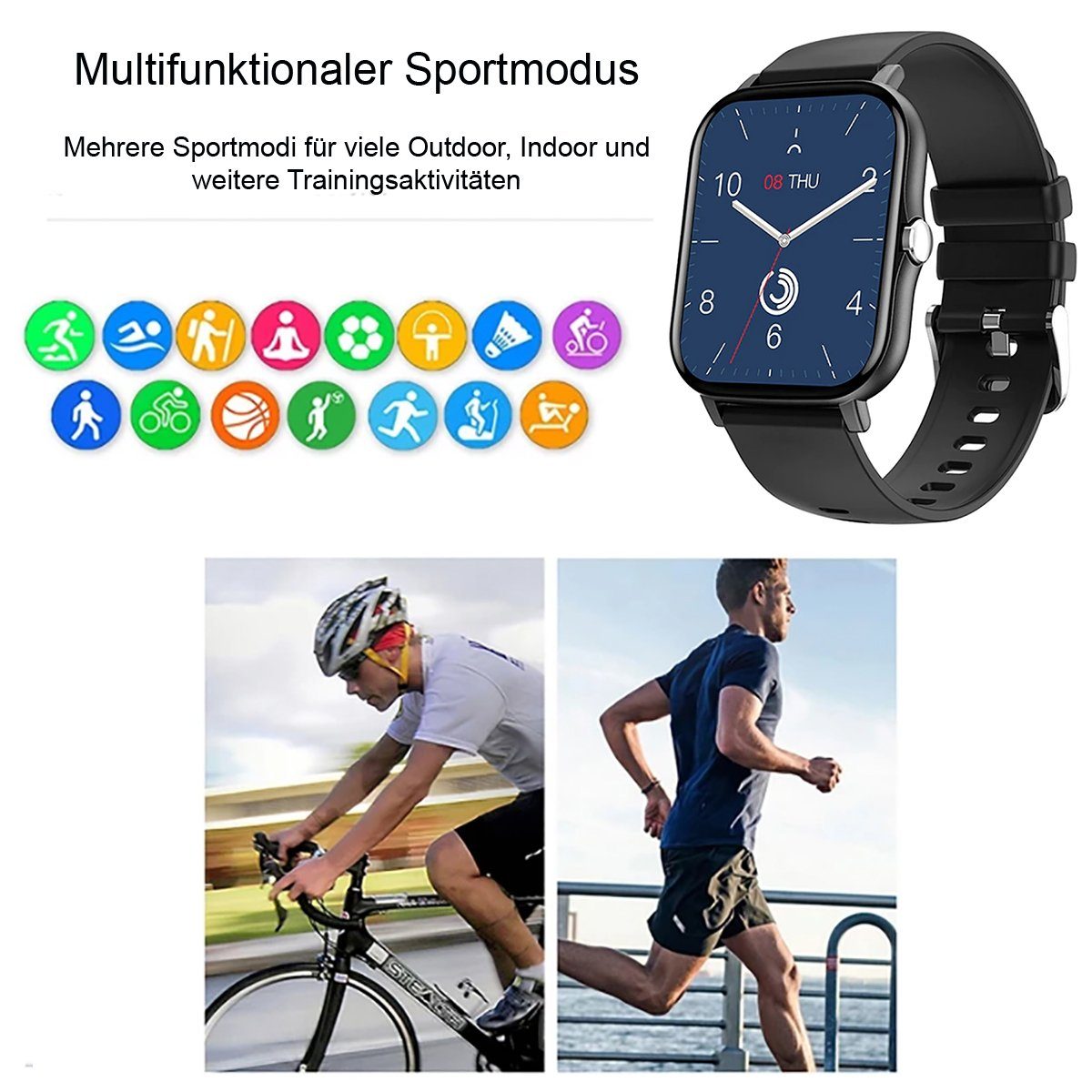 TPFNet SW04 mit Silikon Armband - individuelles Display Smartwatch (Android), Armbanduhr mit Musiksteuerung, Herzfrequenz, Schrittzähler, Kalorien, Social Media etc., Grau
