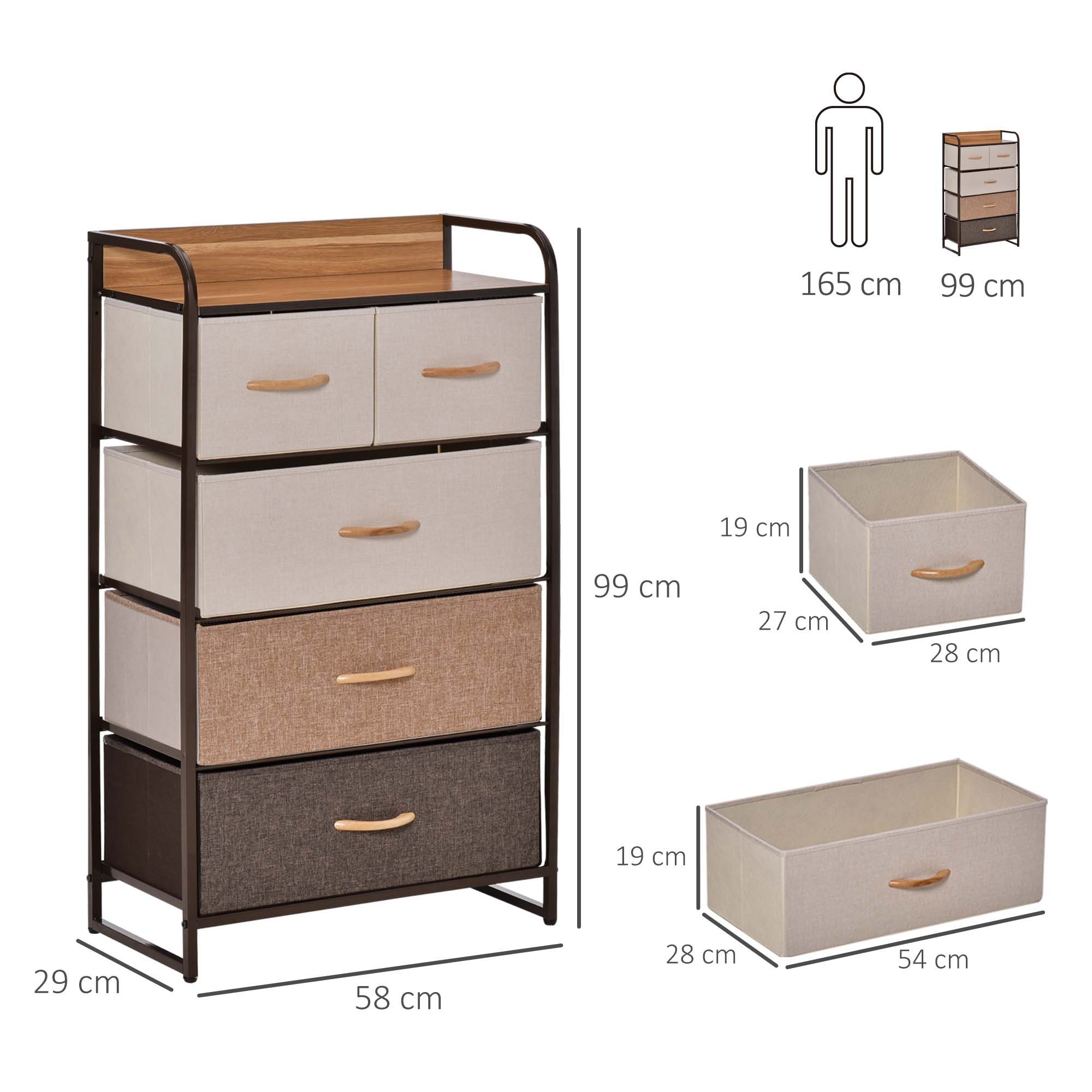 HOMCOM Kommode mit 5 Faltbaren Stoff-Schubladen, Griff (Aufbewahrungsschrank, 1 St., Kleiderschrank), für Wohnzimmer, Schlafzimmer, Braun