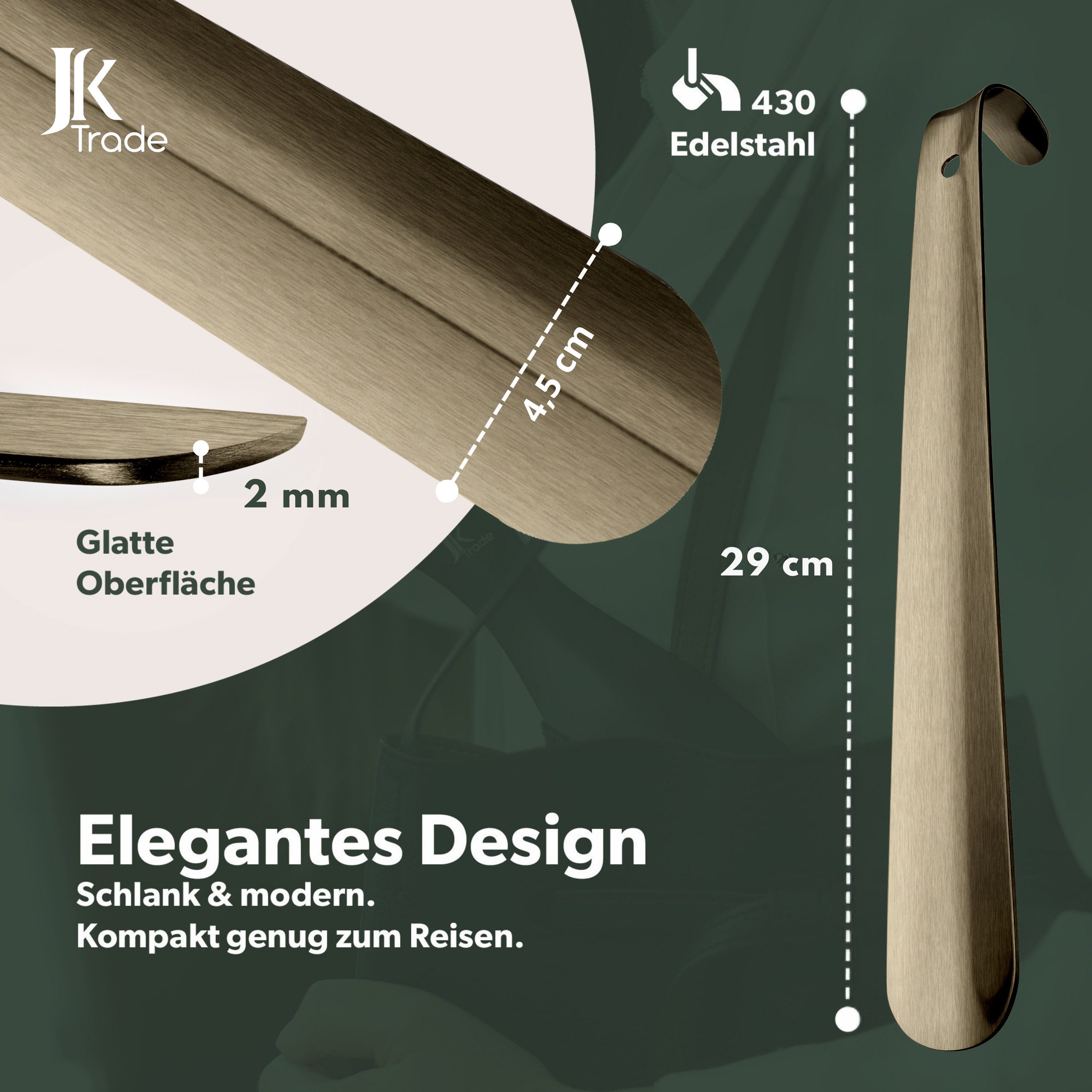 JK Trade Schuhlöffel 29cm Edelstahl Vintage poliert (1-tlg., klein & stabil), für jede Sporttasche – Aufhängbar & hochwertig verarbeitet