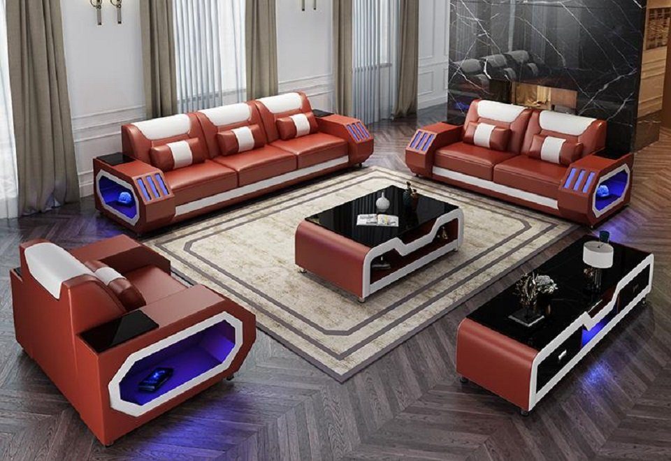JVmoebel Sofa Ledersofa Couch Sofa Garnitur 3+1+1 Beleuchtete Designer Couchen Neu, Made in Europe Orange/Weiß