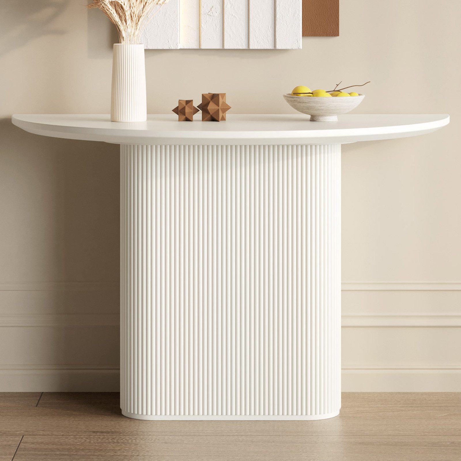 Guyii Konsolentisch halbrunder Tisch aus MDF, Cremeweißer Wandtisch für Eingangsbereich (1-St), multifunktional als kleiner Esstisch, 110 x 55 x 75,8cm