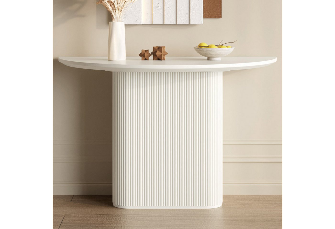 Guyii Konsolentisch halbrunder Tisch aus MDF, Cremeweißer Wandtisch für Eingangsbereich (1-St), multifunktional als kleiner Esstisch, 110 x 55 x 75,8cm