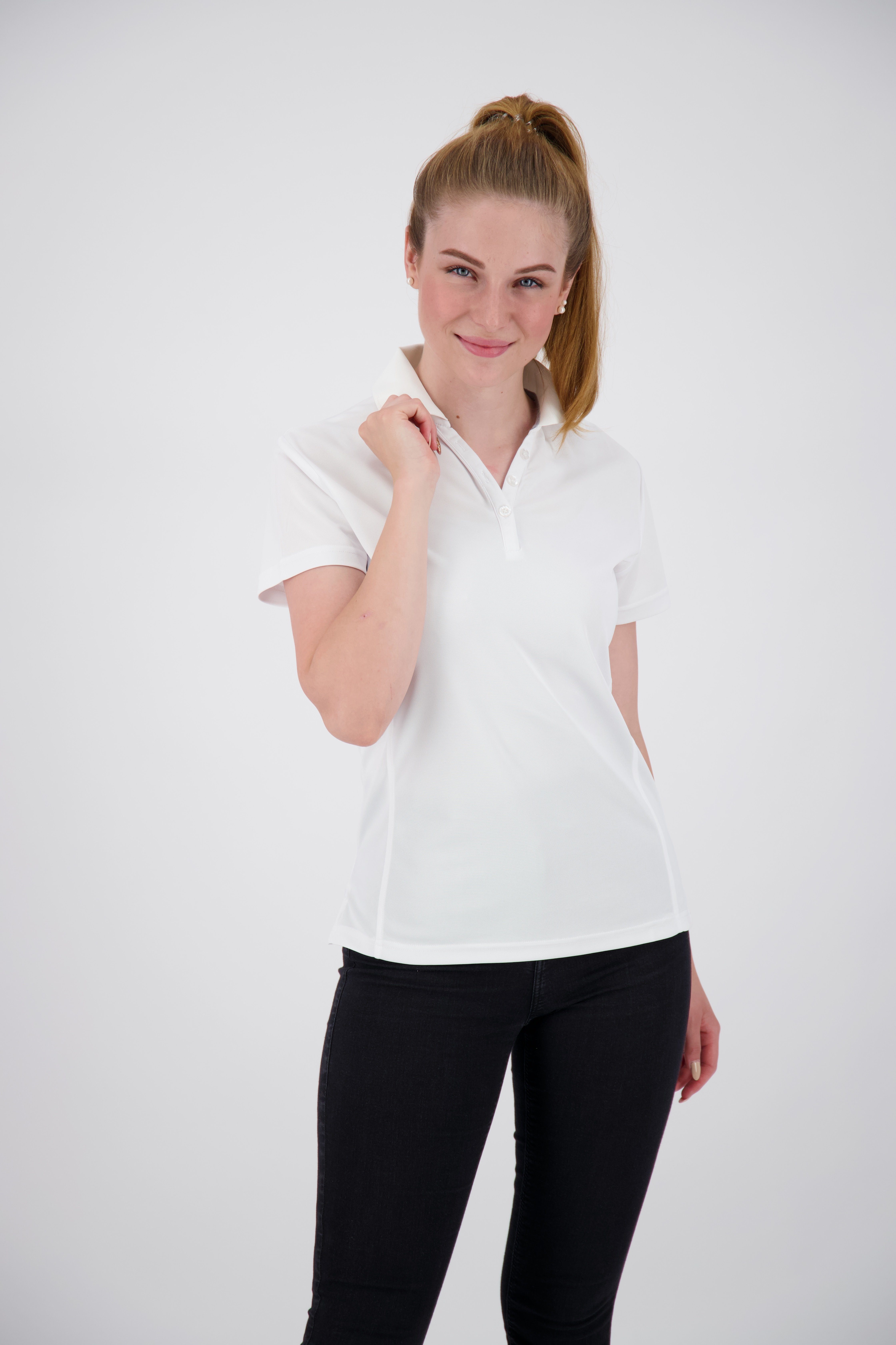 100% Recycling aus Active Kunstfaser HEDLEY WOMEN NEW Poloshirt white DEPROC 3F-Funktions-Piqué II