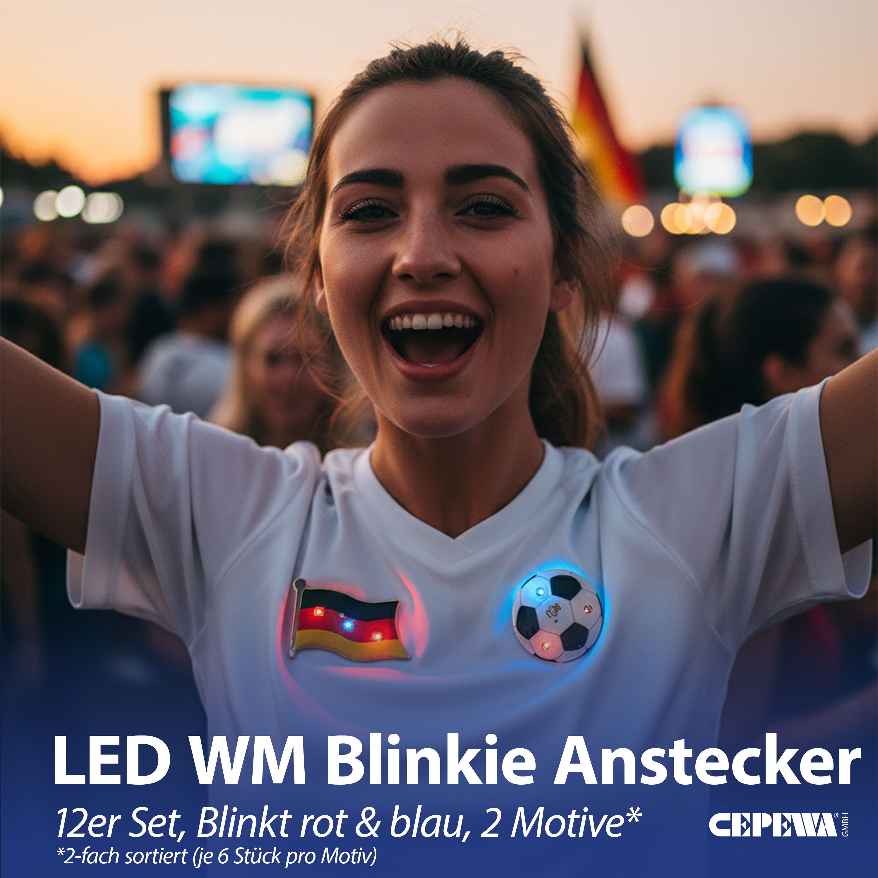 CEPEWA LED Blinklicht 12er Set LED Blinki Fussball Fahne Anstecknadel Magnet WM EM Blinken