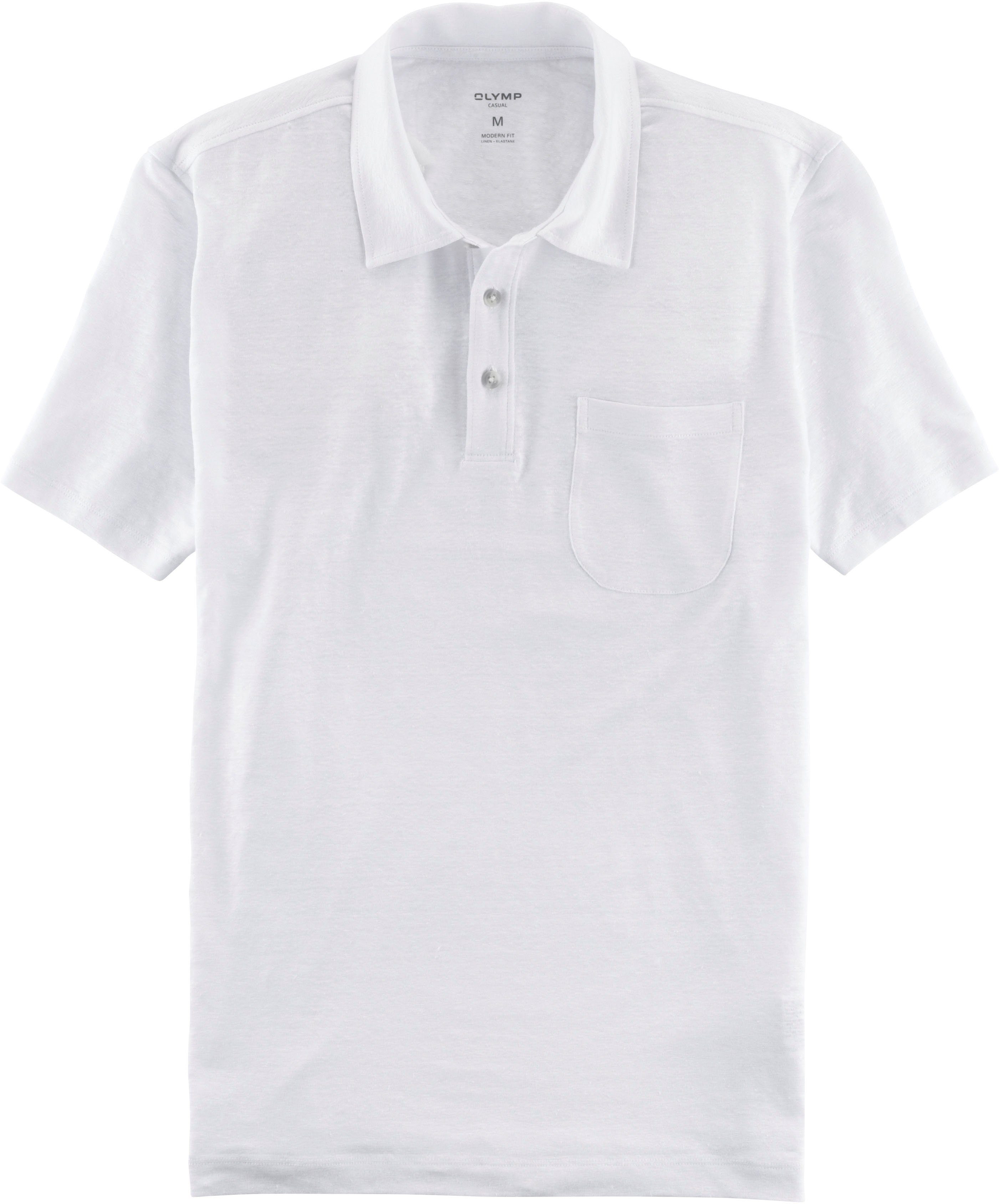 Leinen sommerlicher Hemden-Look Casual-Optik OLYMP im Poloshirt mit in weiß