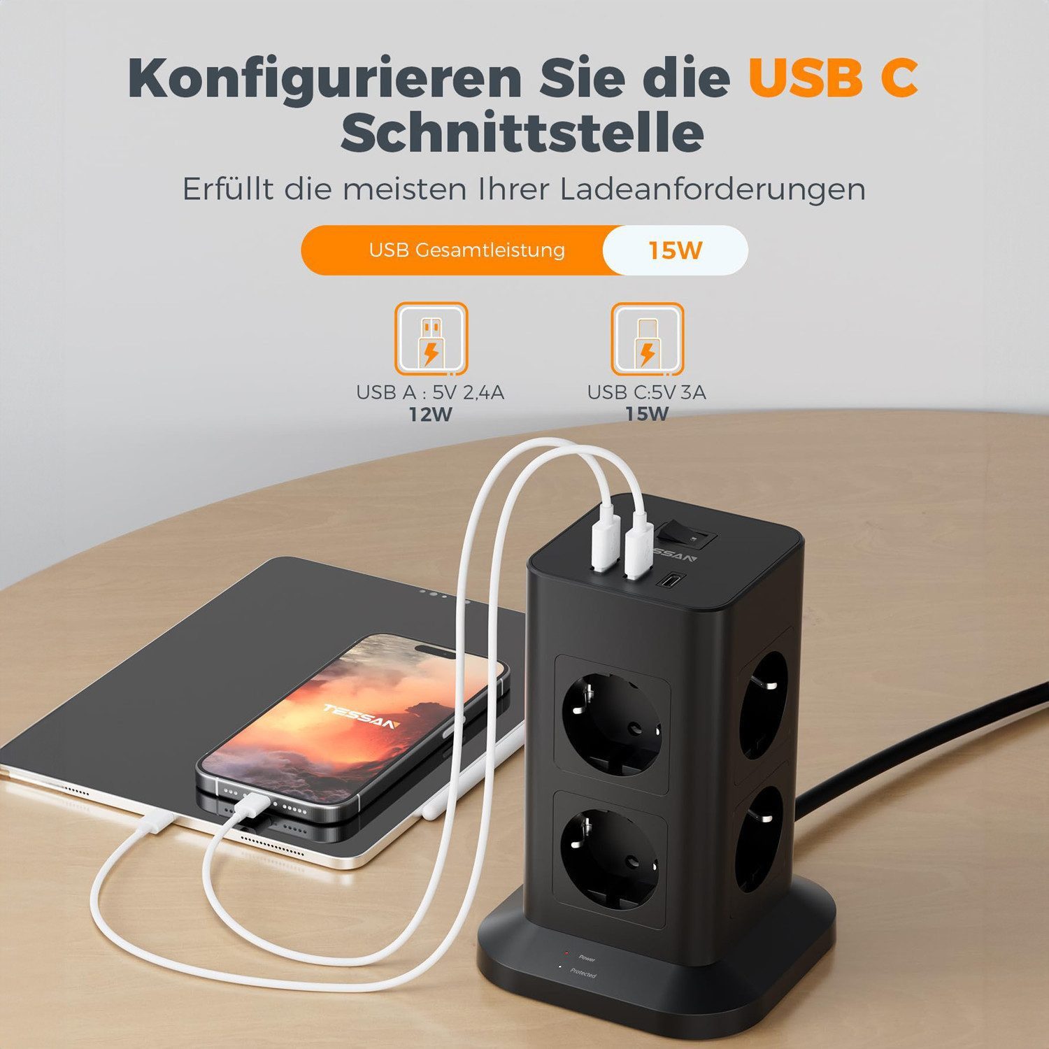 TESSAN 8 Fach Mehrfachsteckdose 3 USB(2USB,1 USB C) Steckdosenleiste Kabel 2m Mehrfachsteckdose (Ein- / Ausschalter, USB-Anschlüsse)