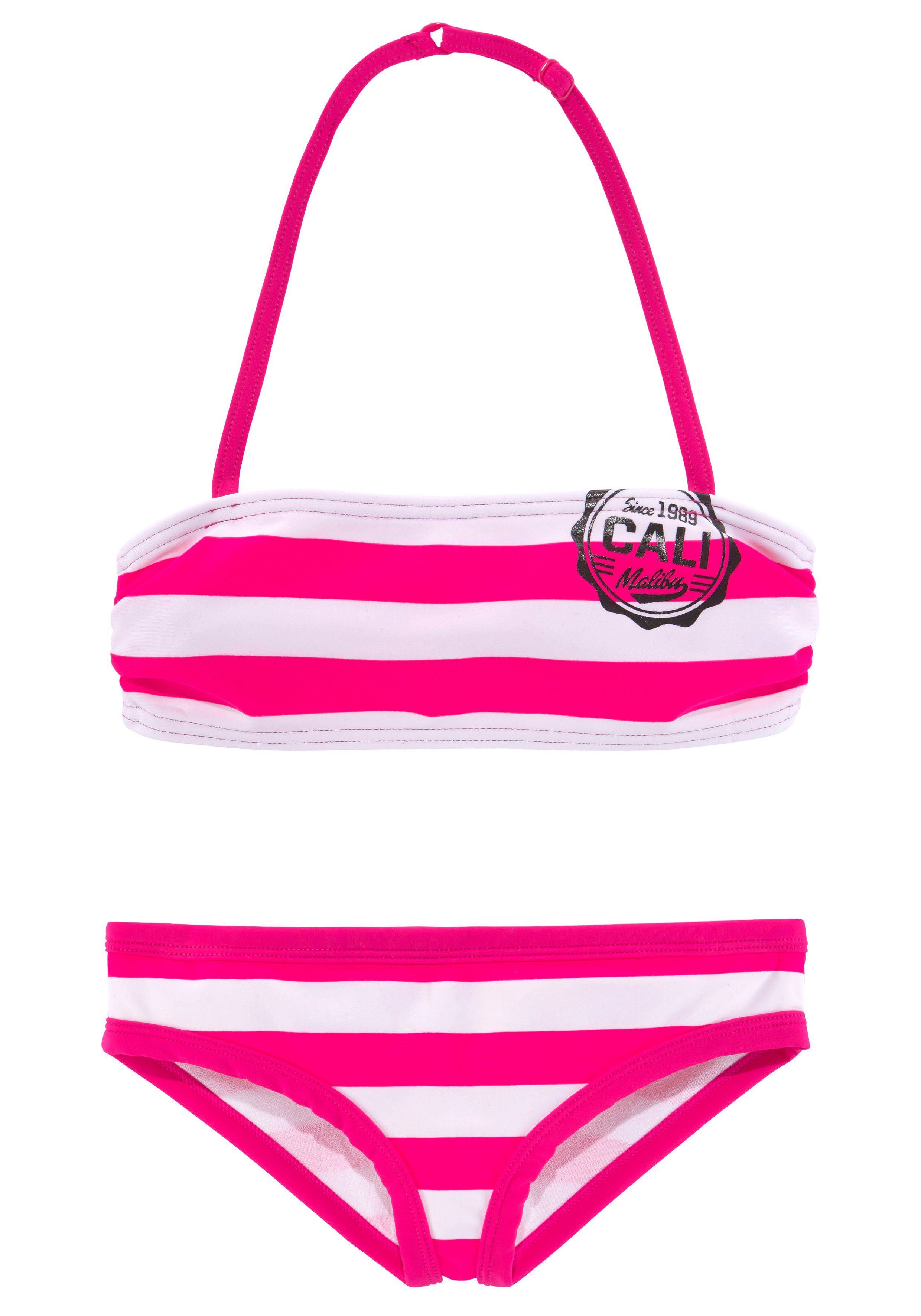Bandeau-Bikini pink-weiß Streifen mit trendigen Bench.