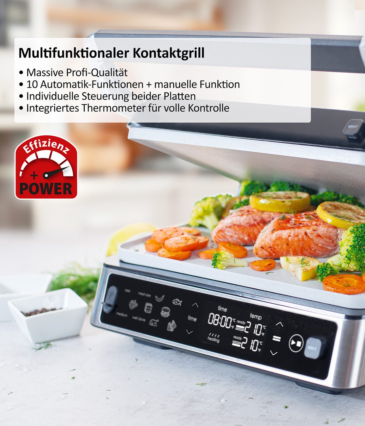 Genius Kontaktgrill Genius Chef Kontakgrill, Elektrogrill Edelstahl für Sandwiches Steak, 2000,00 W, 2 flexibel austauschbare Platten Integrierte Fettauffangschale