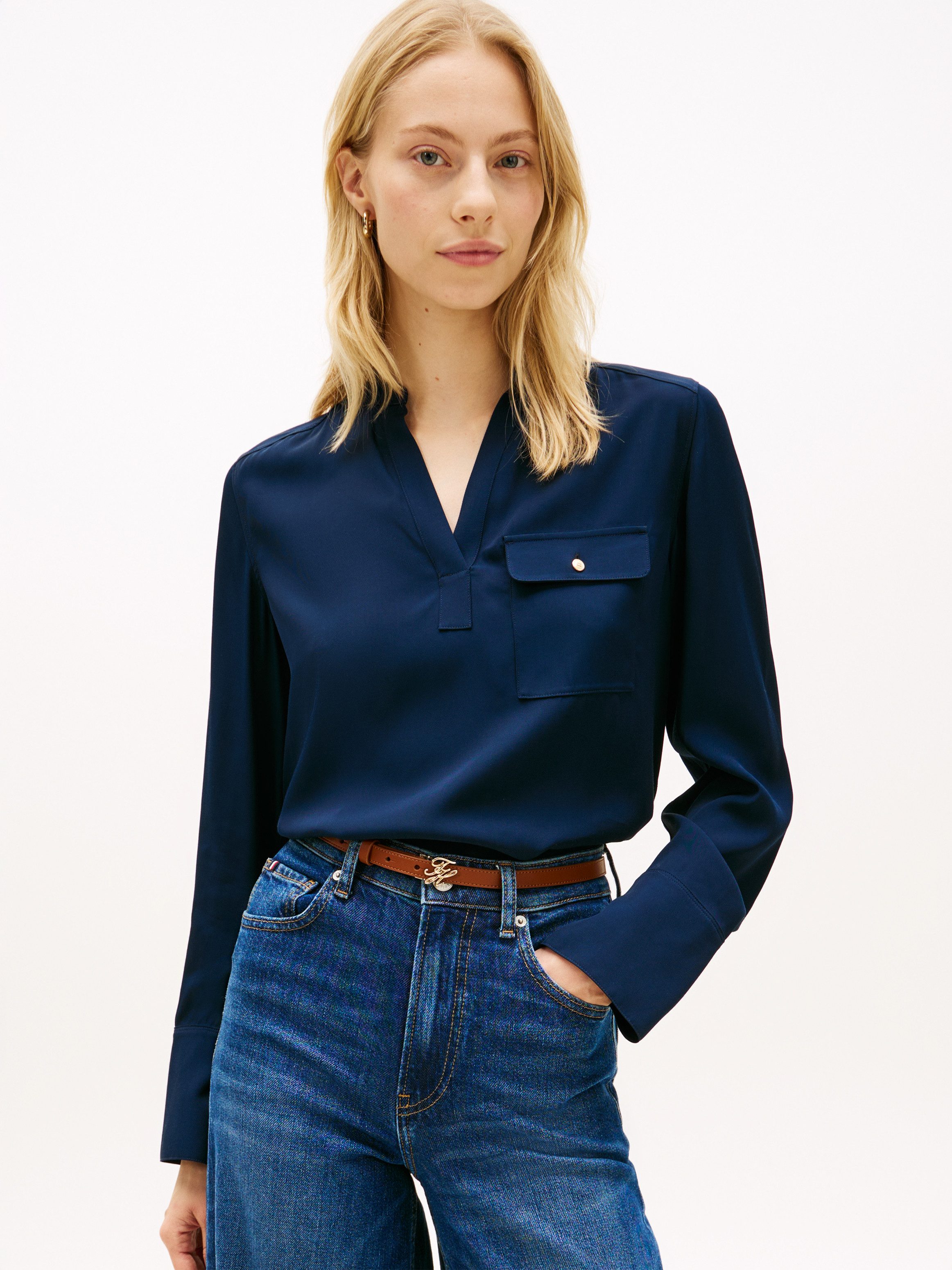 Langarmbluse VIS TWILL V NECK BLOUSE LS
