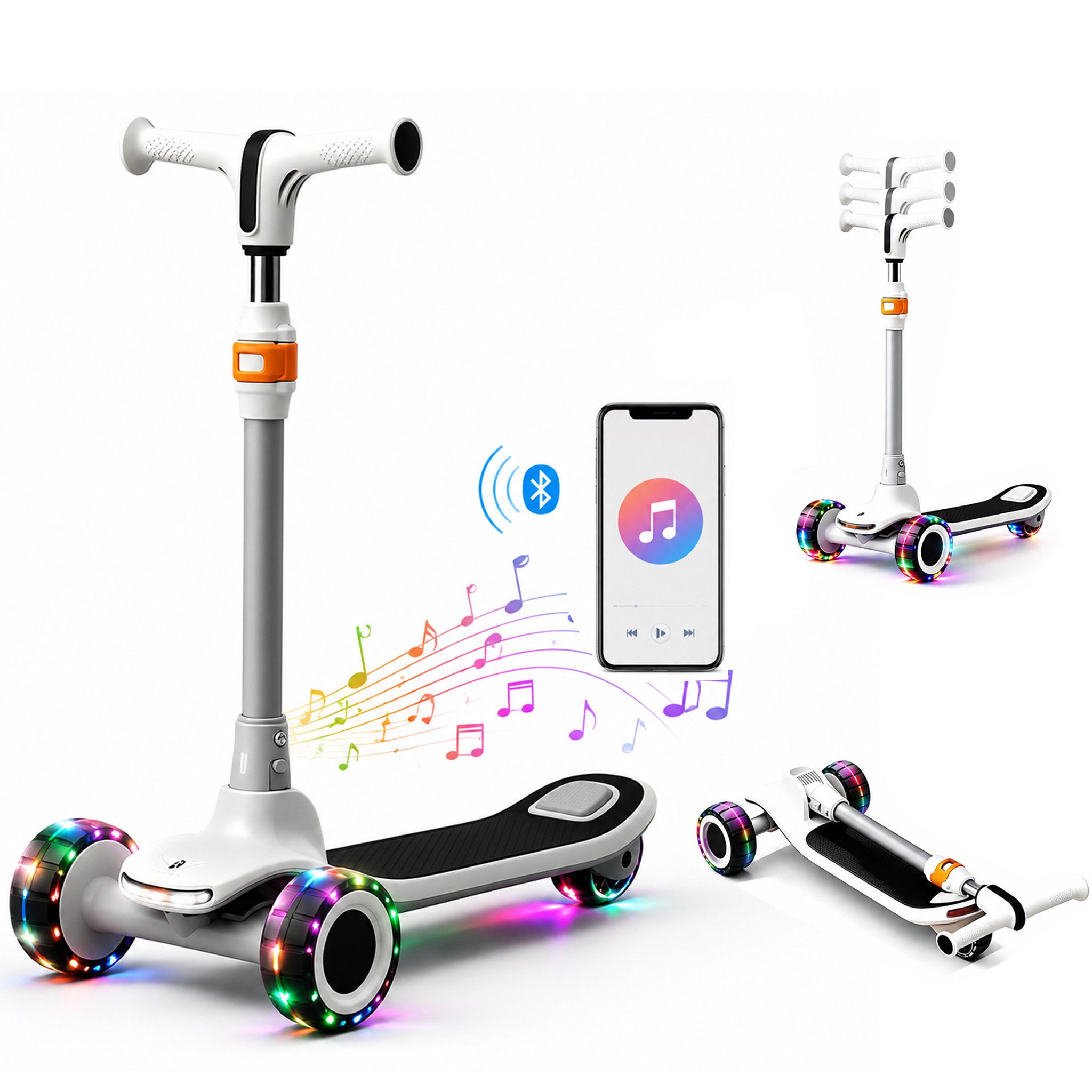 ibettertec Cityroller Scooter Kinderroller Tretroller Dreiradscooter,Höhenverstellbar69-91cm, bis 70 kg,LED-Räder,Kann über Bluetooth mit dem Handy verbunden werden