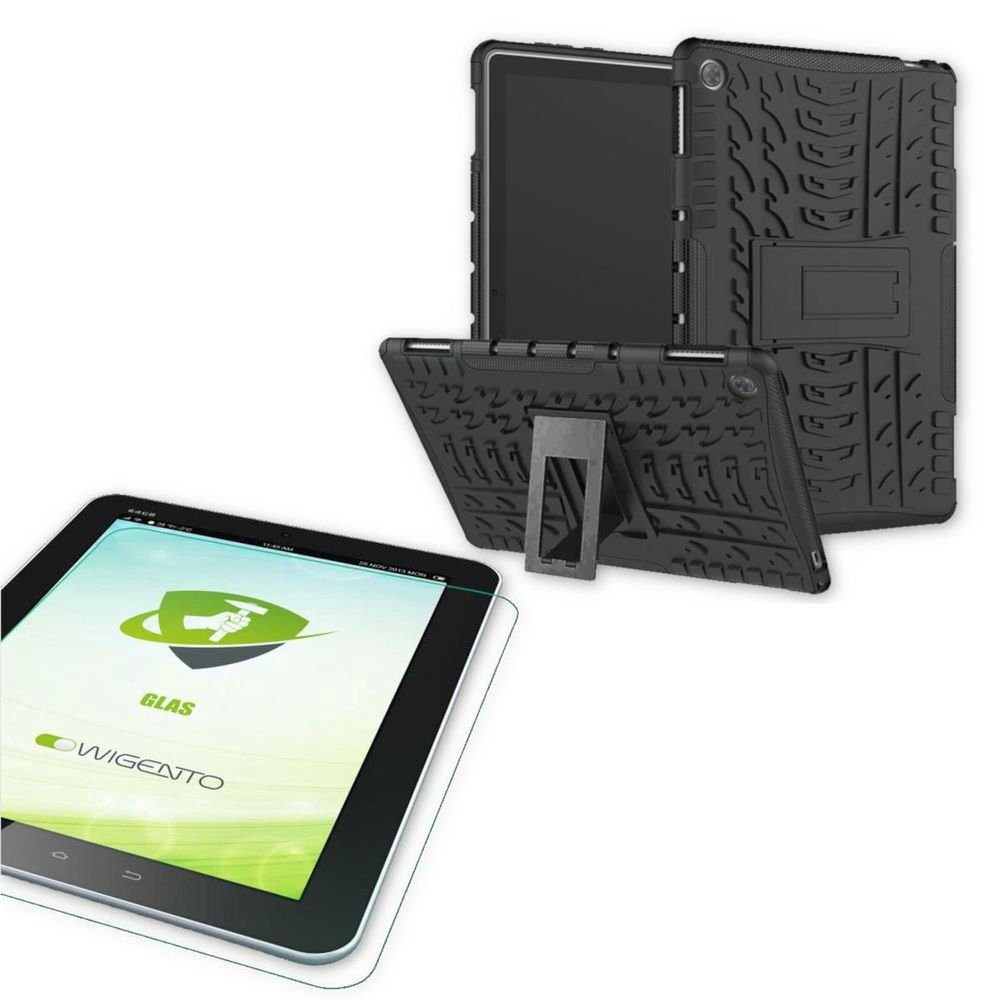 Wigento Tablet-Hülle Für Huawei MediaPad M5 Lite 10.1 Zoll Hybrid Outdoor Schutzhülle Schwarz Tasche + 0.4 H9 Schutzglas