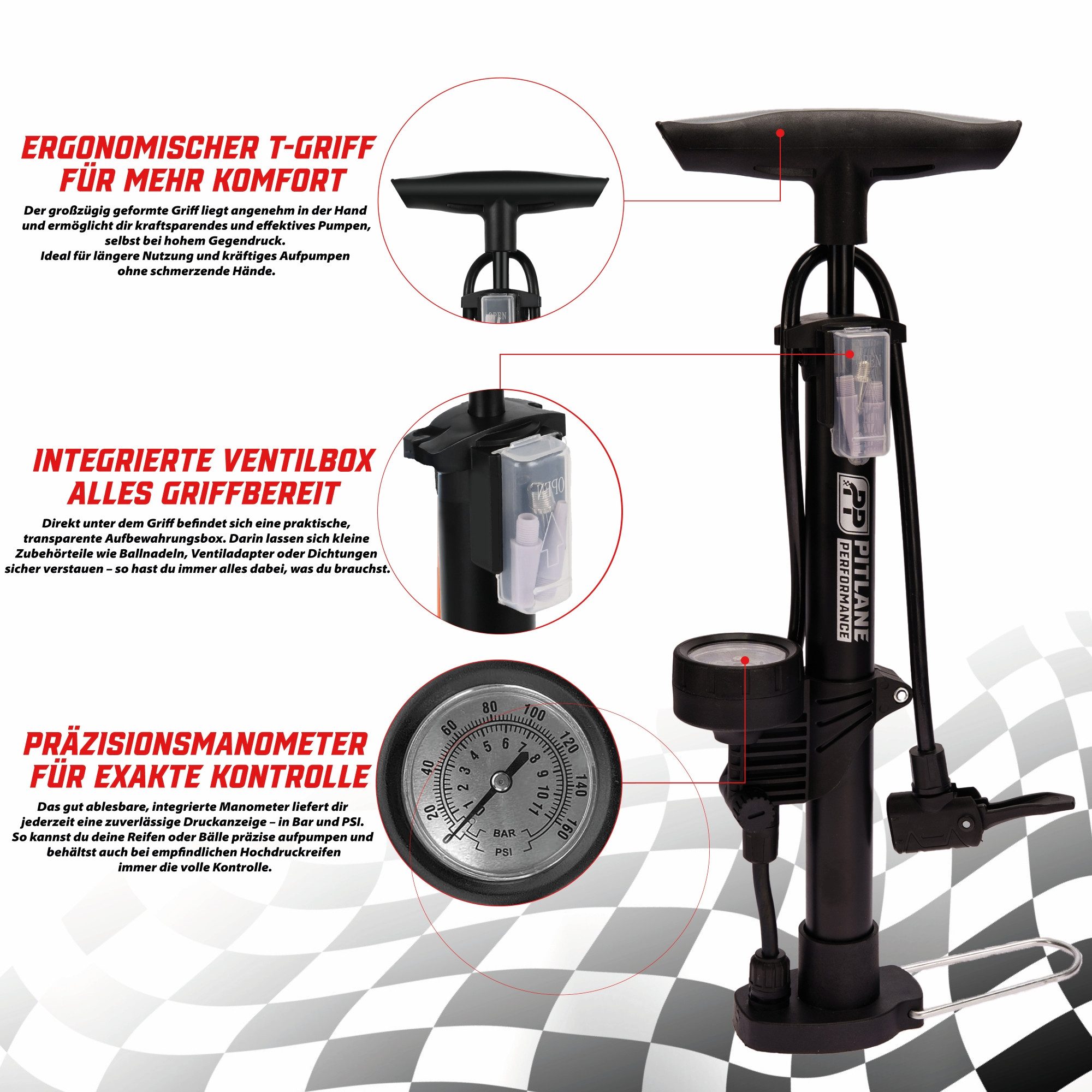 Pitlane Performance Standpumpe Fahrrad & Luftpumpe Auto Fahrradpumpe bis 11 Bar für alle Ventile, Professionelle Bike Pump & Air Pump Luftpumpe Fahrrad Pumpe