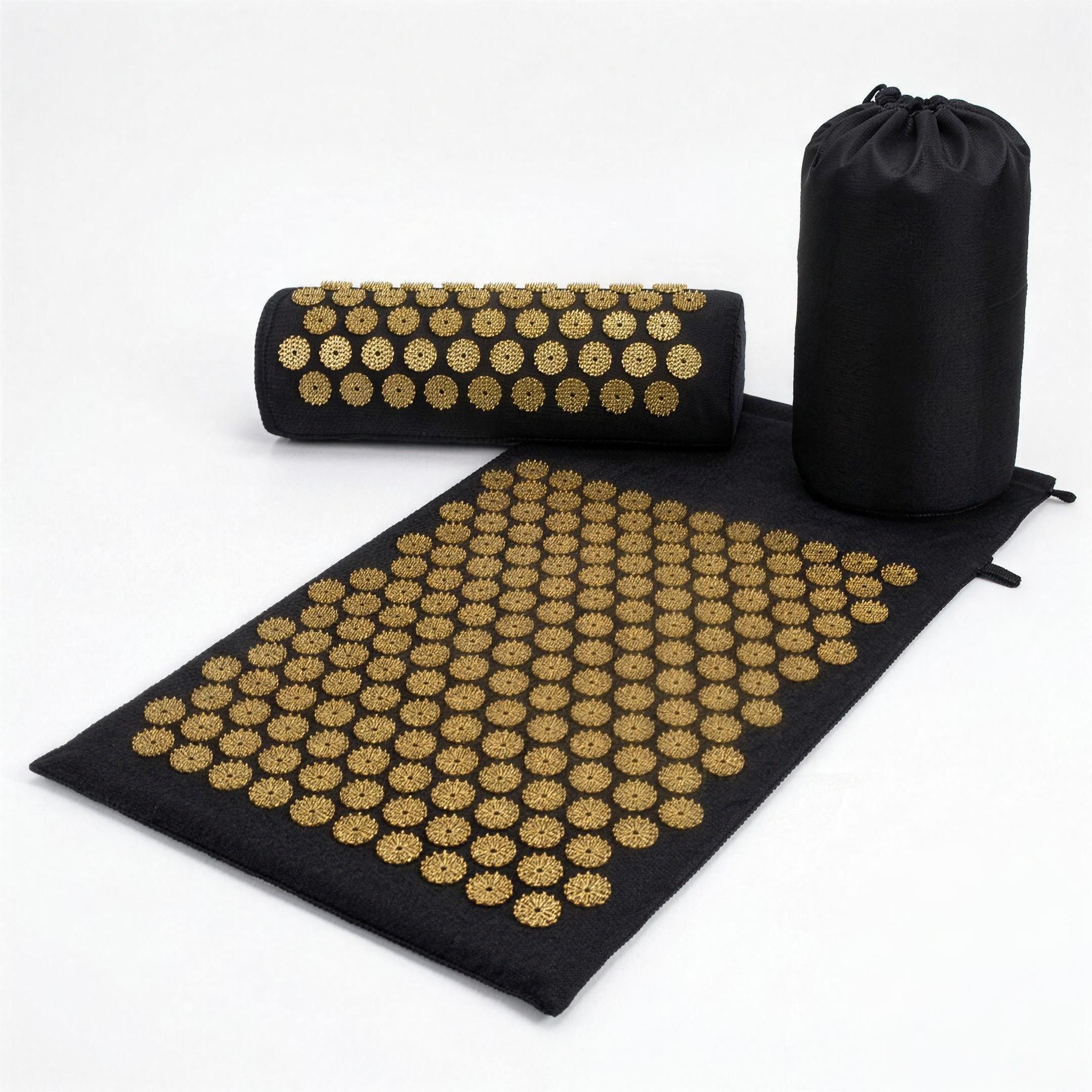 H-basics Akupressurmatte mit Kissen 116x43 cm XL Schwarz-Gold Massage-Set