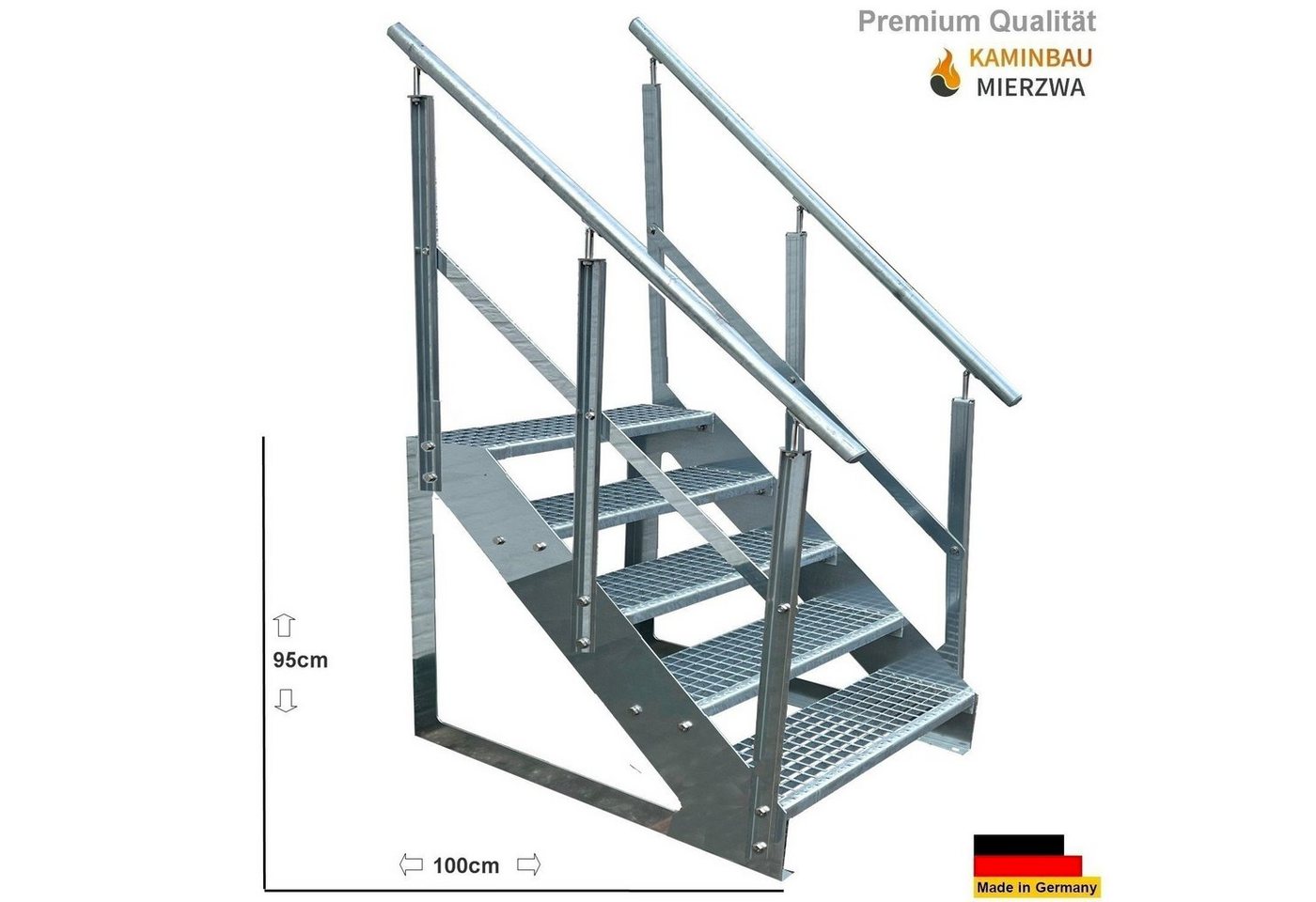 Thumbnail - Kaminbau Mierzwa Außentreppe Premium Treppe Verzinkt mit oder ohne Geländer, für Geschosshöhen bis 95.00 cm, Stufen Gitt...