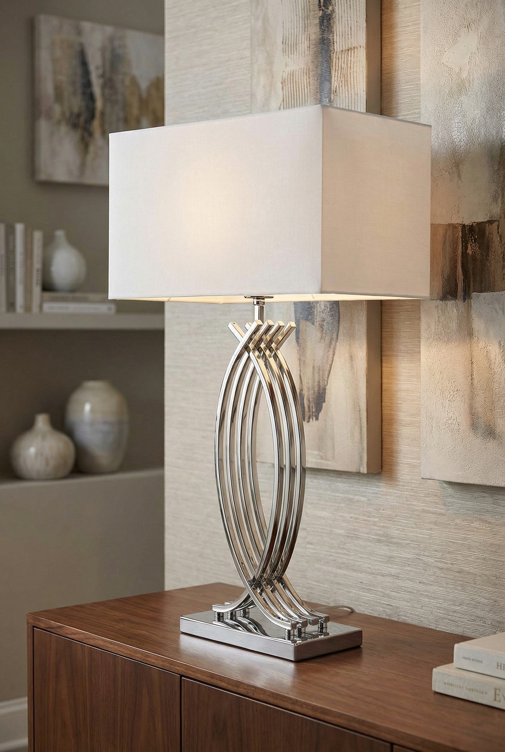 Arnusa Tischleuchte große Tischlampe 74 cm Chrom weißer Schirm Dekoleuchte E27, ohne Leuchtmittel, edle Lampe Chrom