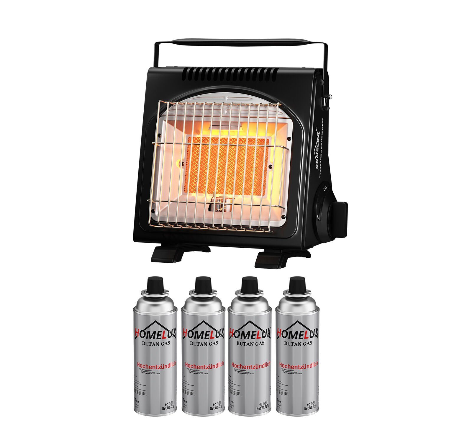 HOMELUX Heizstrahler mit 4 Gaskartuschen, 2 in1 Tragbare Gasheizung für innenräume Outdoor, 1700 W, Gasheizer, Gasheizung Camping, Heizung Ohne Strom, Gasheizstrahler