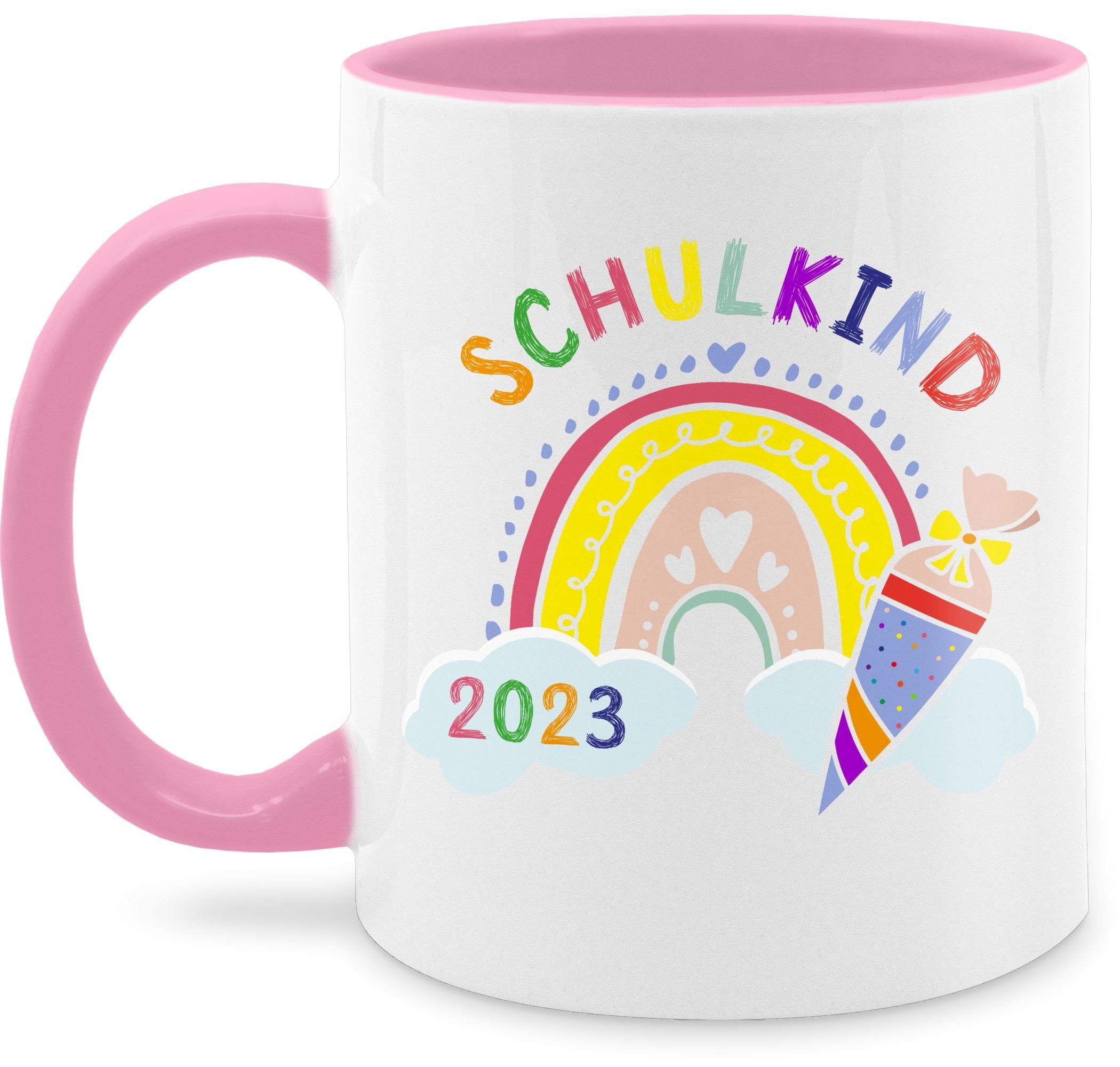 Einschulung Rosa Geschenk 2023, 2 Tasse Schulkind Shirtracer Keramik, Tasse Regenbogen
