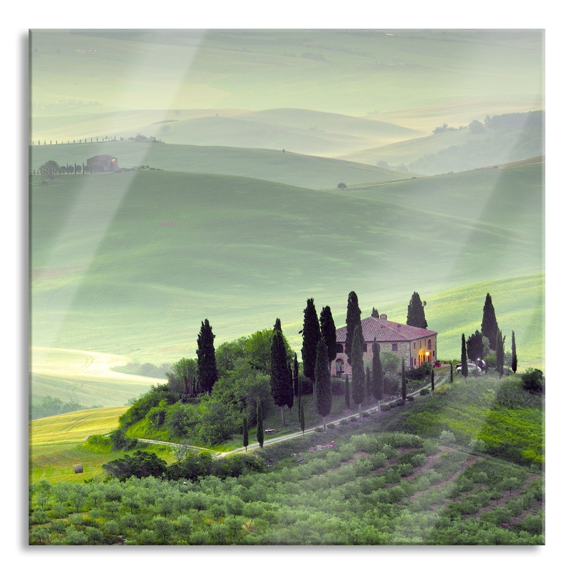 Glasbild Pixxprint Wunderschöne Toskana Landschaft Wunderschöne Echtglas, St), (1 Glasbild und inkl. Landschaft, aus Abstandshalter Aufhängungen Toskana