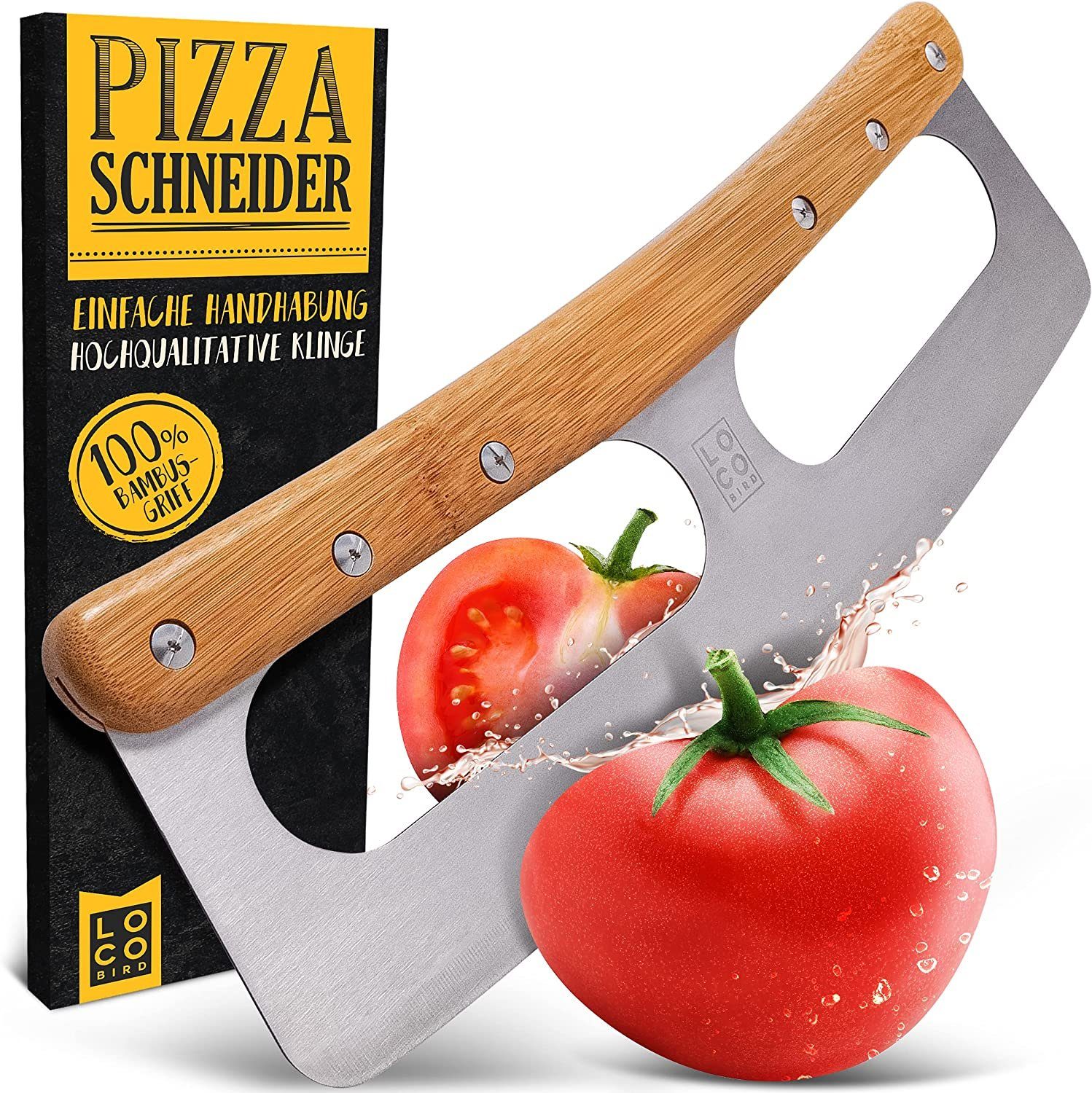 Pizzaschneider aus Edelstahl mit Bambusgriff und mit Klingenschutz
