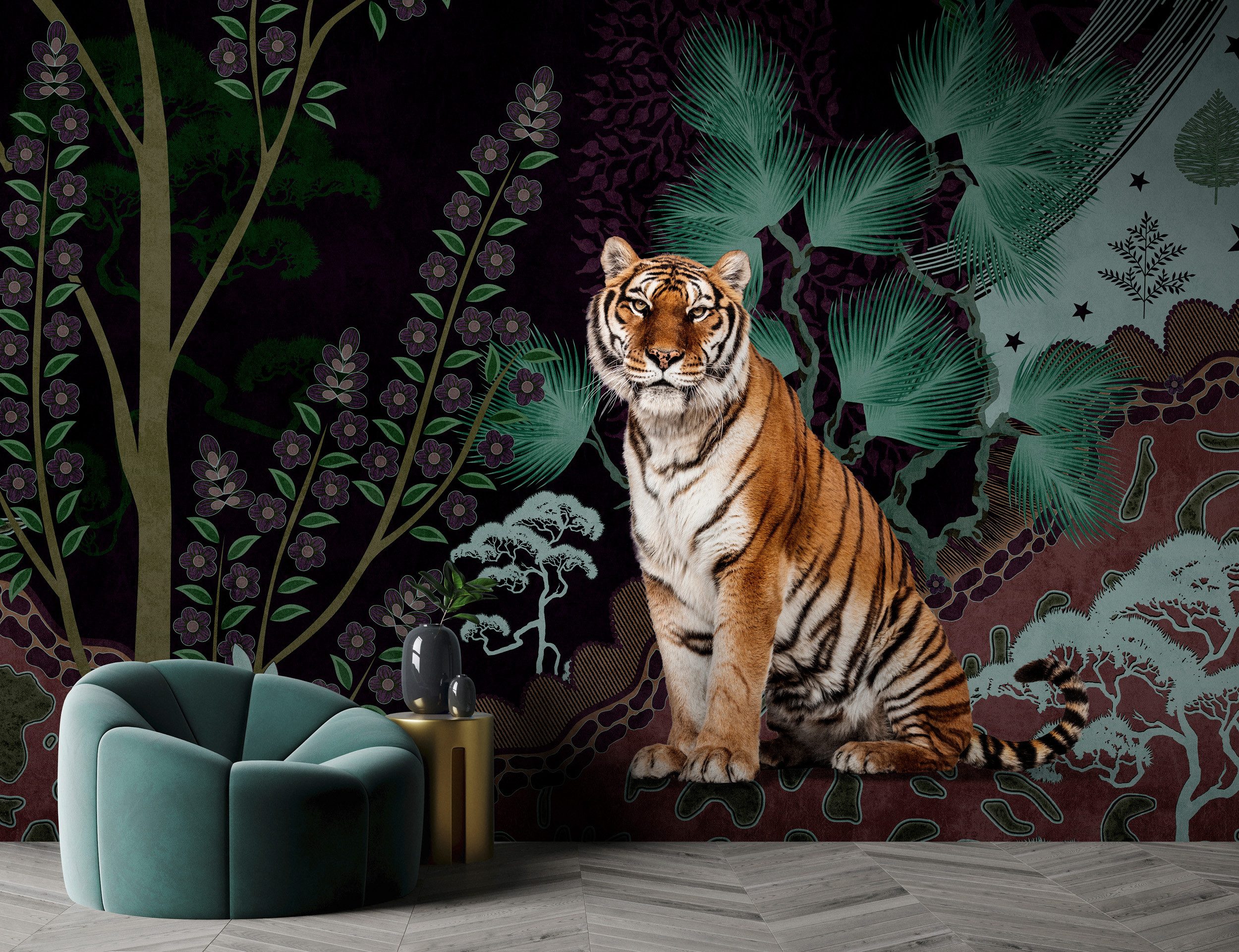 living walls Vliestapete Tiger-Tapete exotisch Dunkelgrün Braun Dschungel, glatt, matt, (1 St)