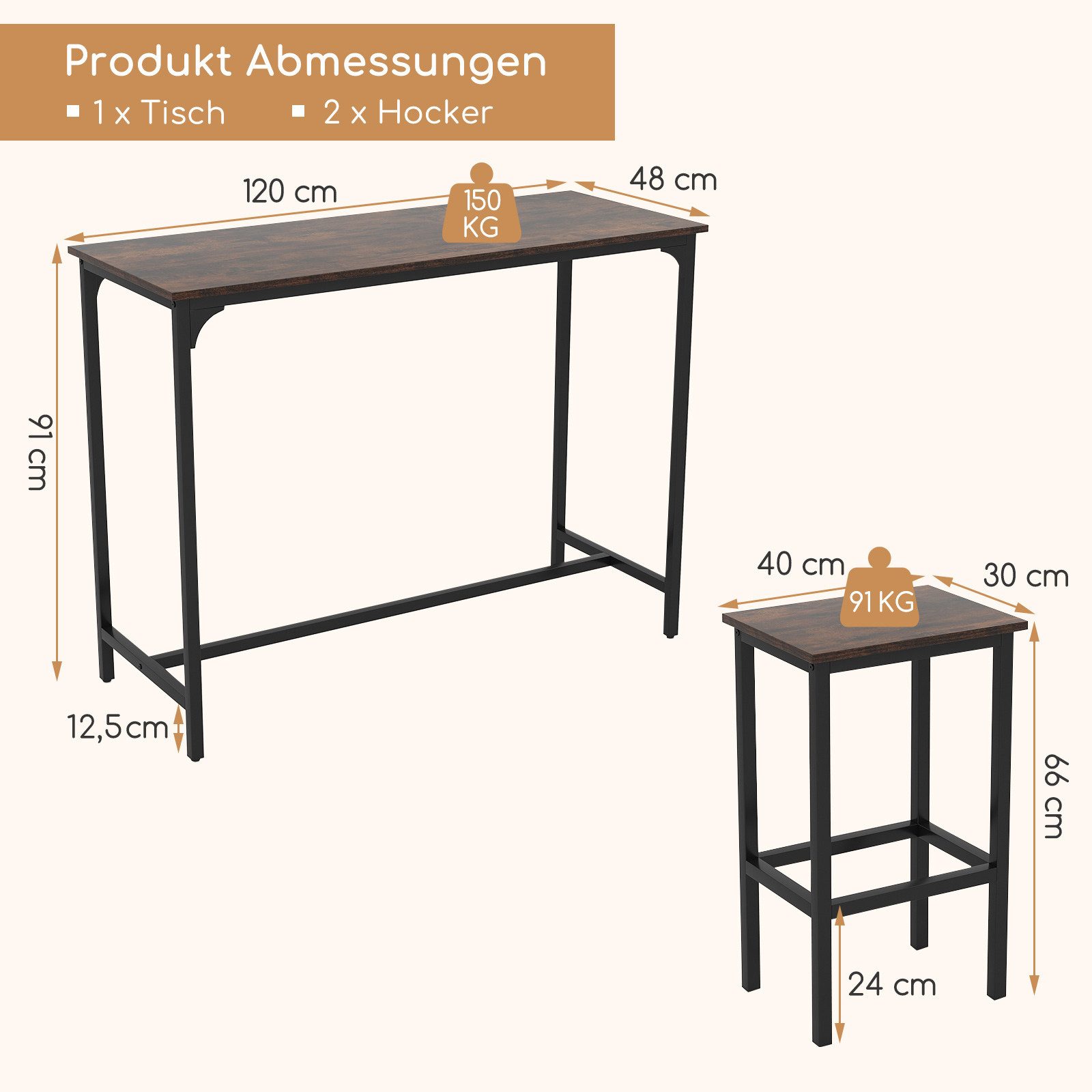 COSTWAY Bartisch, 3tlg. Küchentisch mit 2 Barhockern, Essgruppe mit Fußstütz