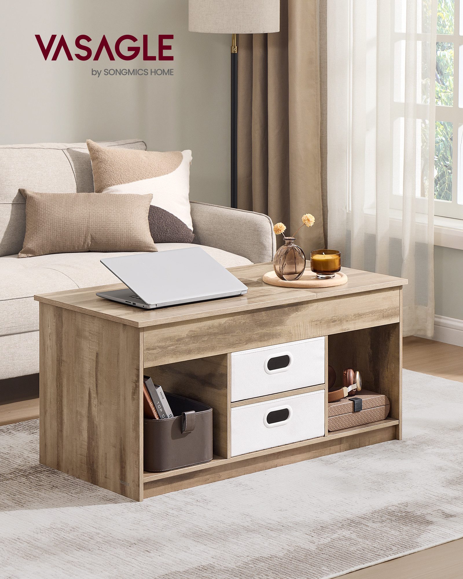 VASAGLE Couchtisch höhenverstellbar, aufklappbar, Schubladen, modern, Home Office (inkl. Zubehörpaket & Anleitung), Wohnzimmertisch, multifunktionaler Esstisch, viel Stauraum